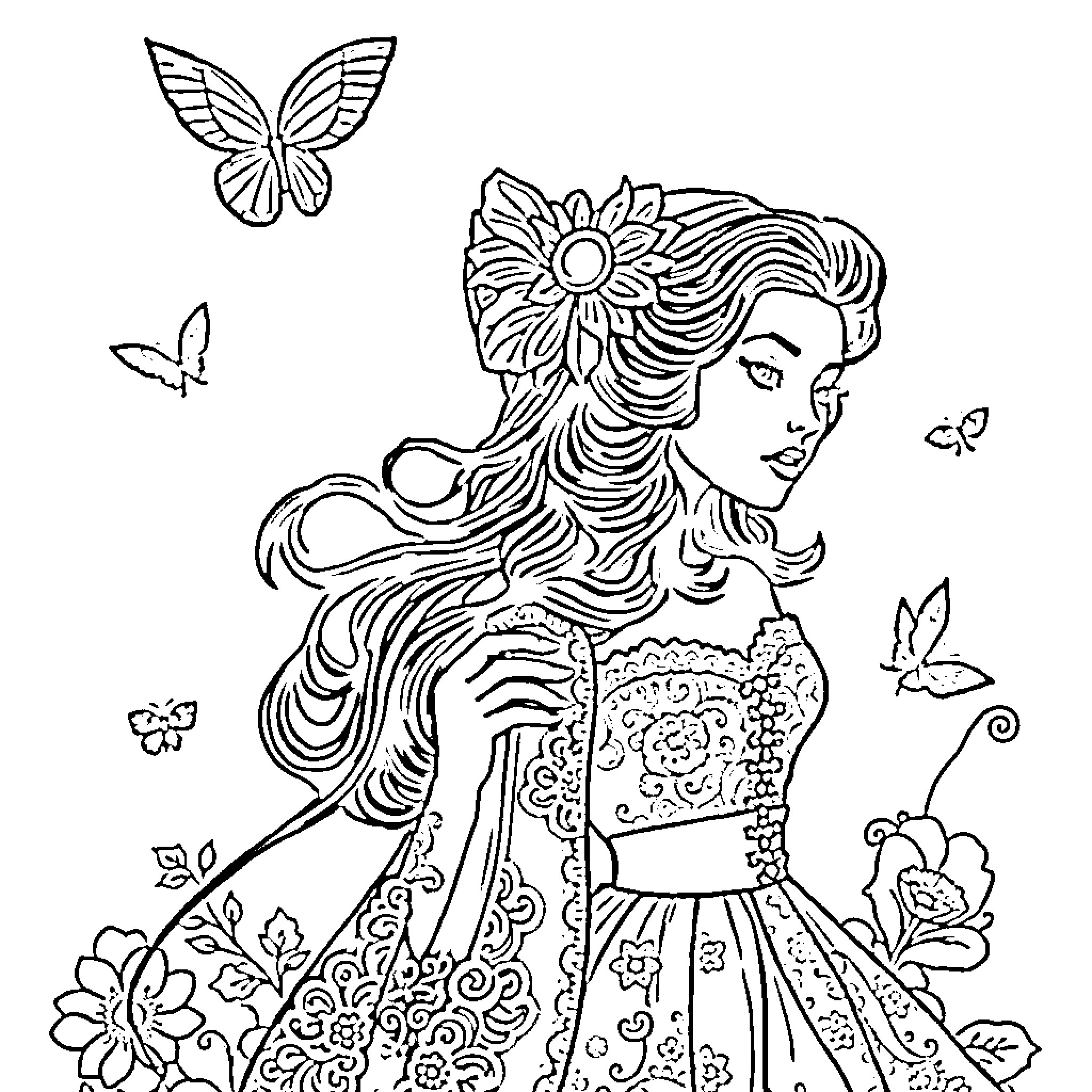 Coquette in Floral Reverie with Butterflies Coloring Page (free black-and-white line drawing printable PDF for all, from beginners to advanced learners, including children, teens, adults, and seniors)