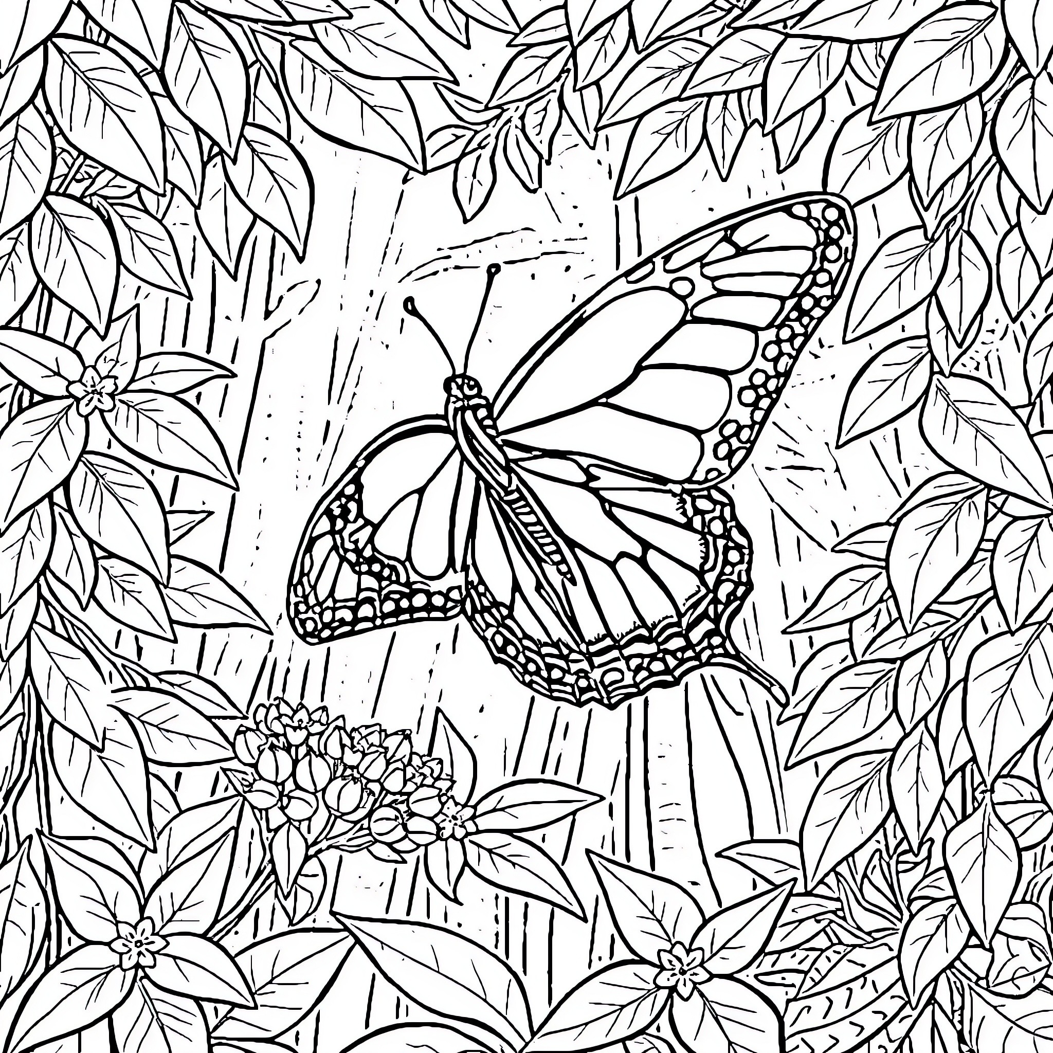 Butterfly amidst lush floral foliage Coloring Page (free black-and-white line drawing printable PDF for all, from beginners to advanced learners, including children, teens, adults, and seniors)