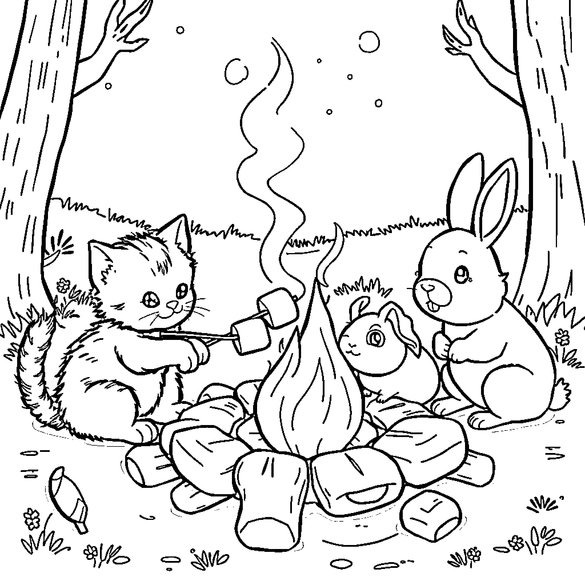 Kittens roasting marshmallows by campfire with bunnies Coloring Page (free black-and-white line drawing printable PDF for all, from beginners to advanced learners, including children, teens, adults, and seniors)