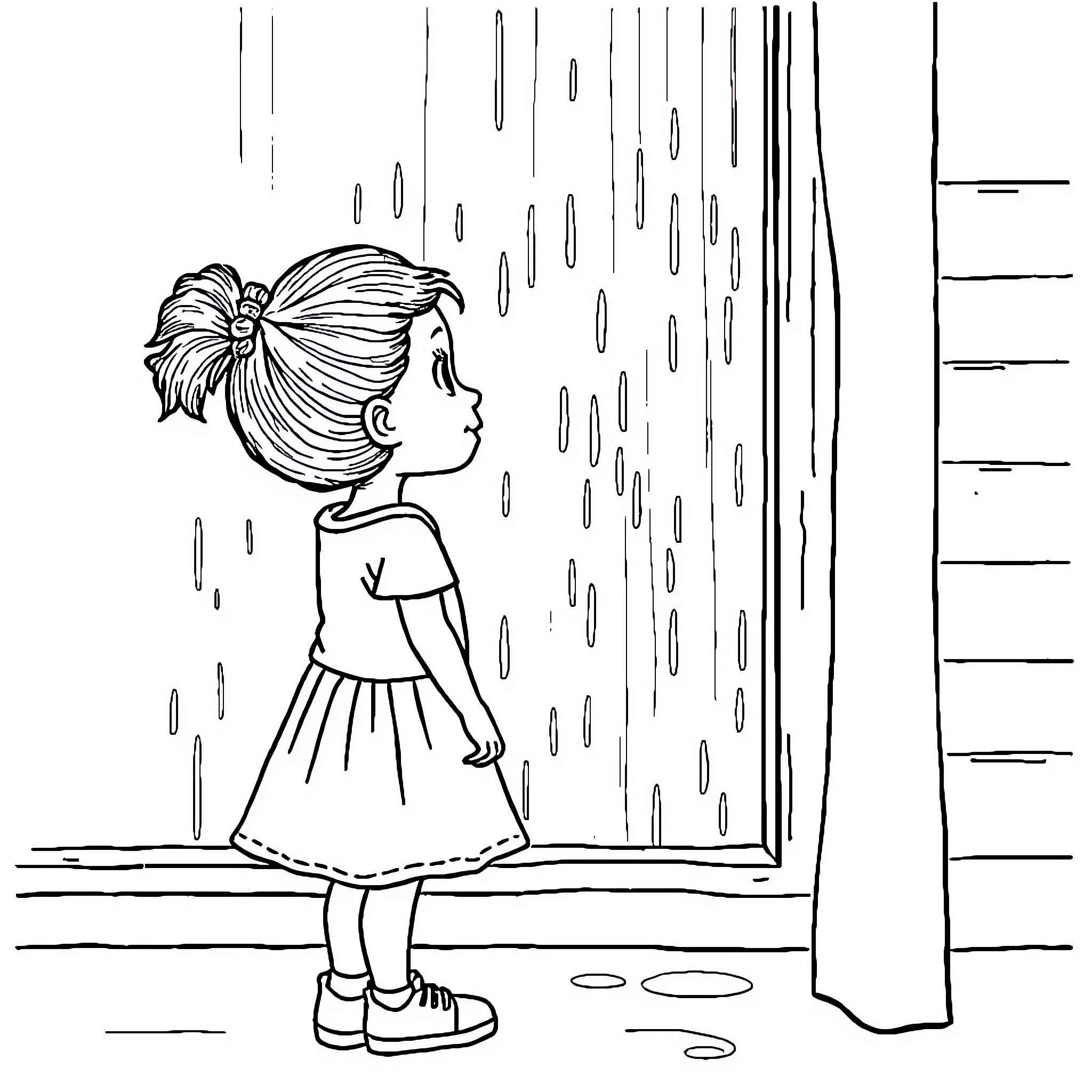 Girl standing in the rain, looking out the window Coloring Page (free black-and-white line drawing printable PDF for all, from beginners to advanced learners, including children, teens, adults, and seniors)