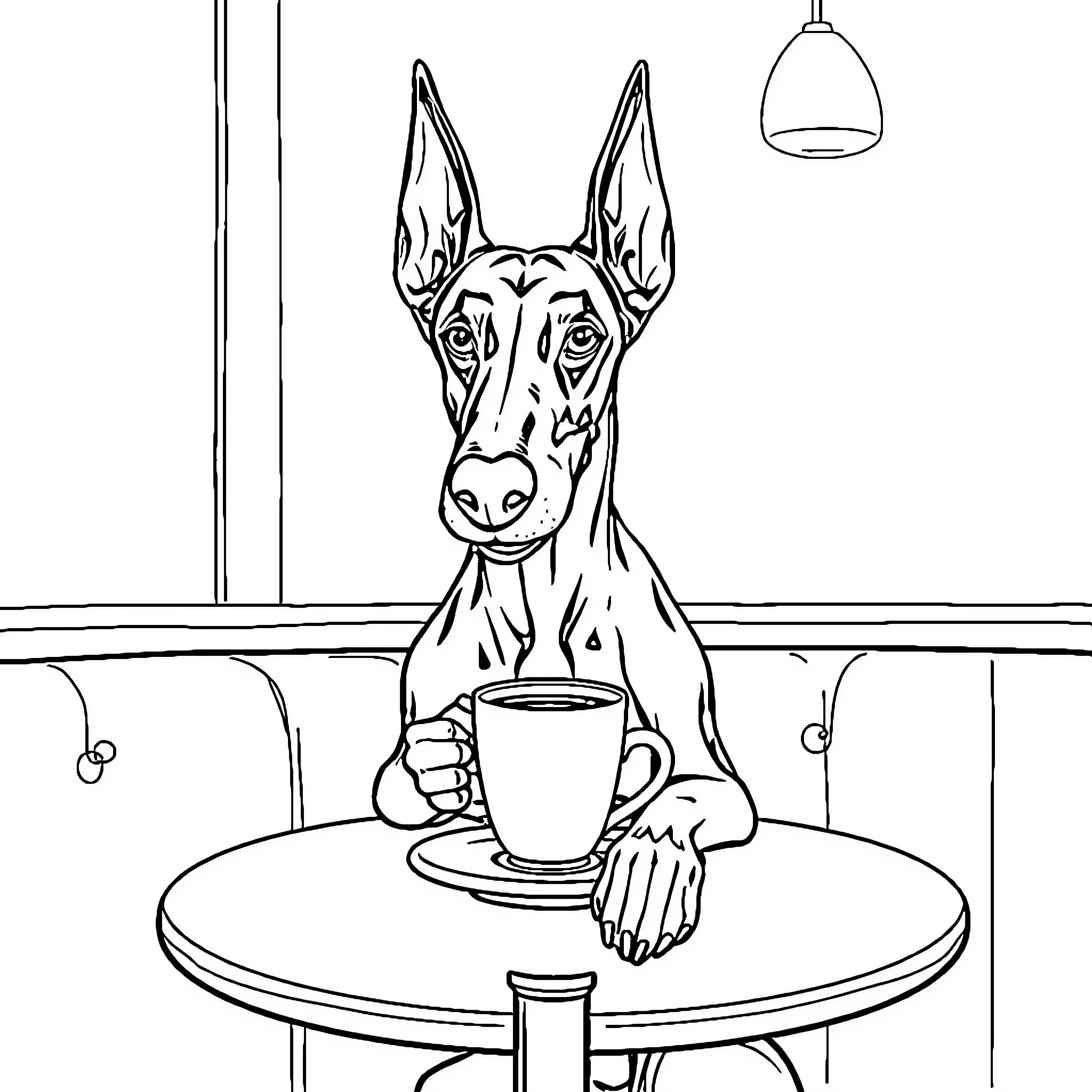 Doberman enjoying a cozy cup of coffee Coloring Page (free black-and-white line drawing printable PDF for all, from beginners to advanced learners, including children, teens, adults, and seniors)