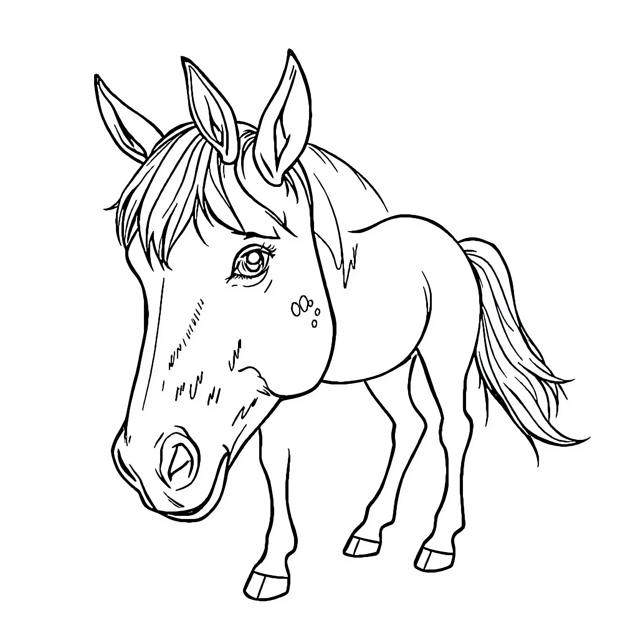 Pony with friendly expression and flowing mane Coloring Page (free black-and-white line drawing printable PDF for all, from beginners to advanced learners, including children, teens, adults, and seniors)