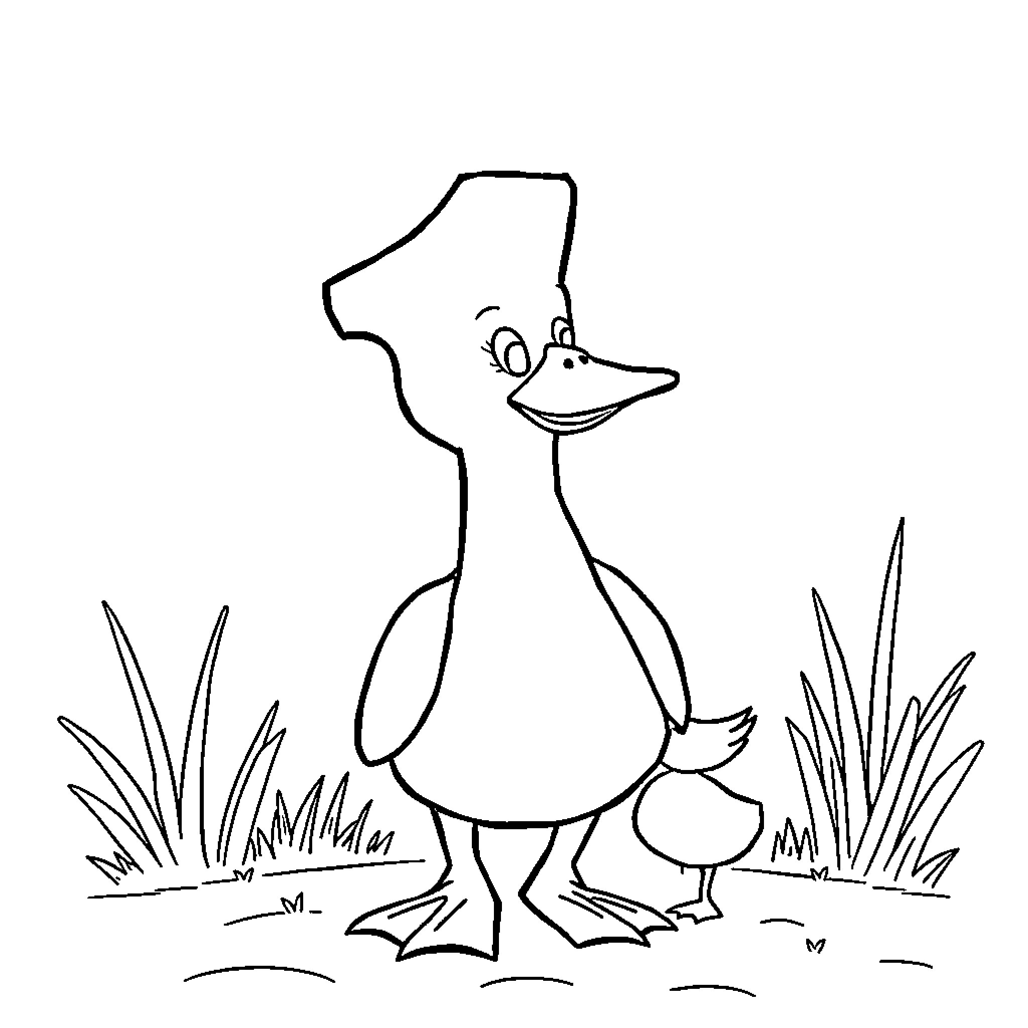Number Duck and Duckling in Nature Scene Coloring Page (free black-and-white line drawing printable PDF for all, from beginners to advanced learners, including children, teens, adults, and seniors)