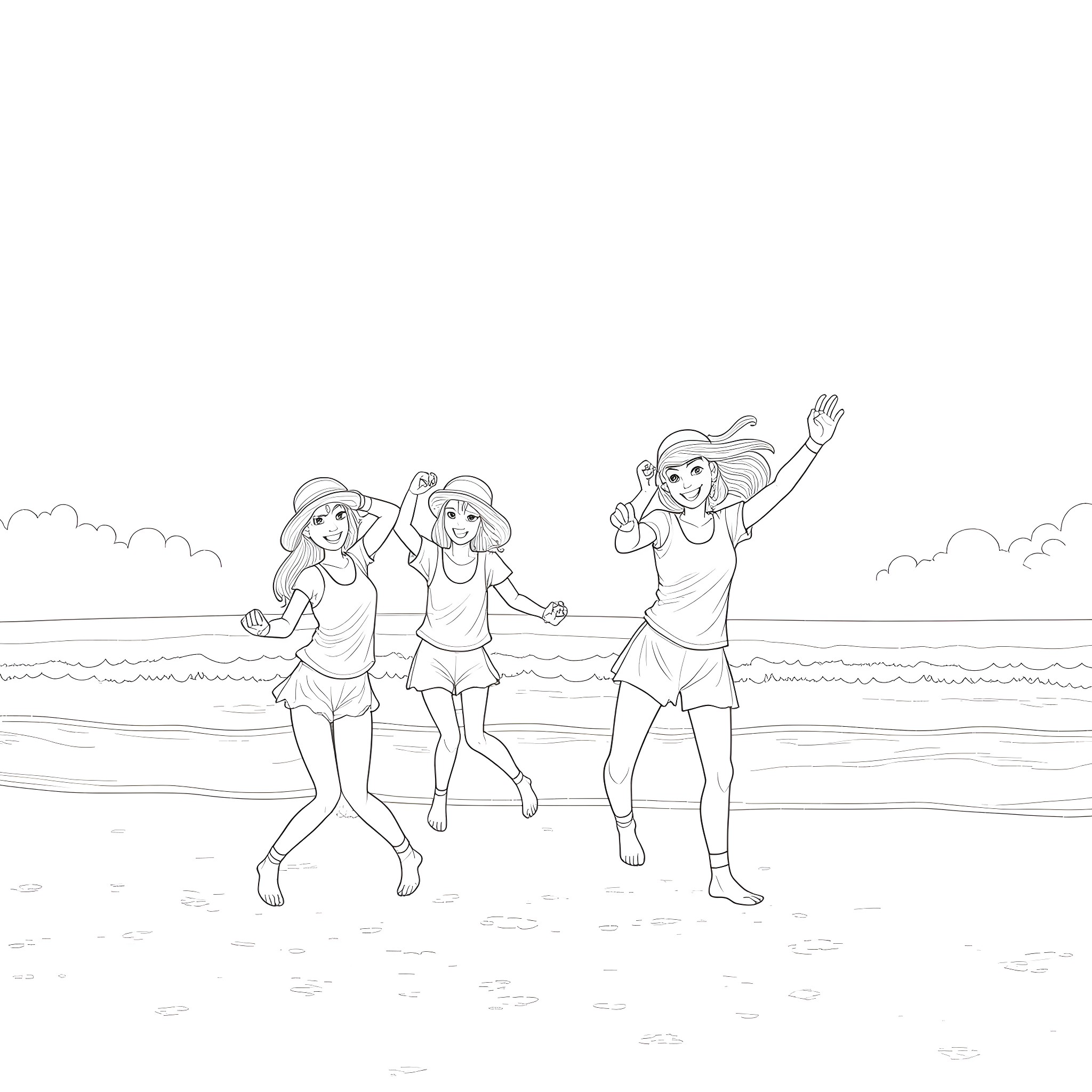 Girls having fun at the beach Coloring Page (free black-and-white line drawing printable PDF for all, from beginners to advanced learners, including children, teens, adults, and seniors)