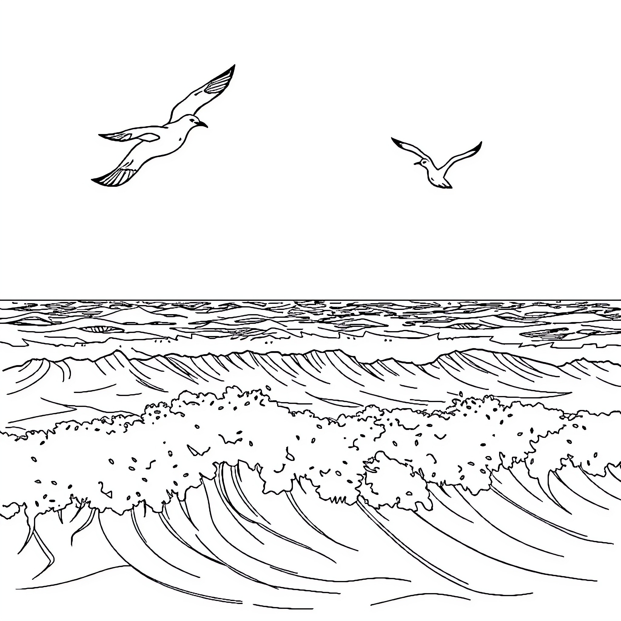 Birds soaring over crashing ocean waves Coloring Page (free black-and-white line drawing printable PDF for all, from beginners to advanced learners, including children, teens, adults, and seniors)