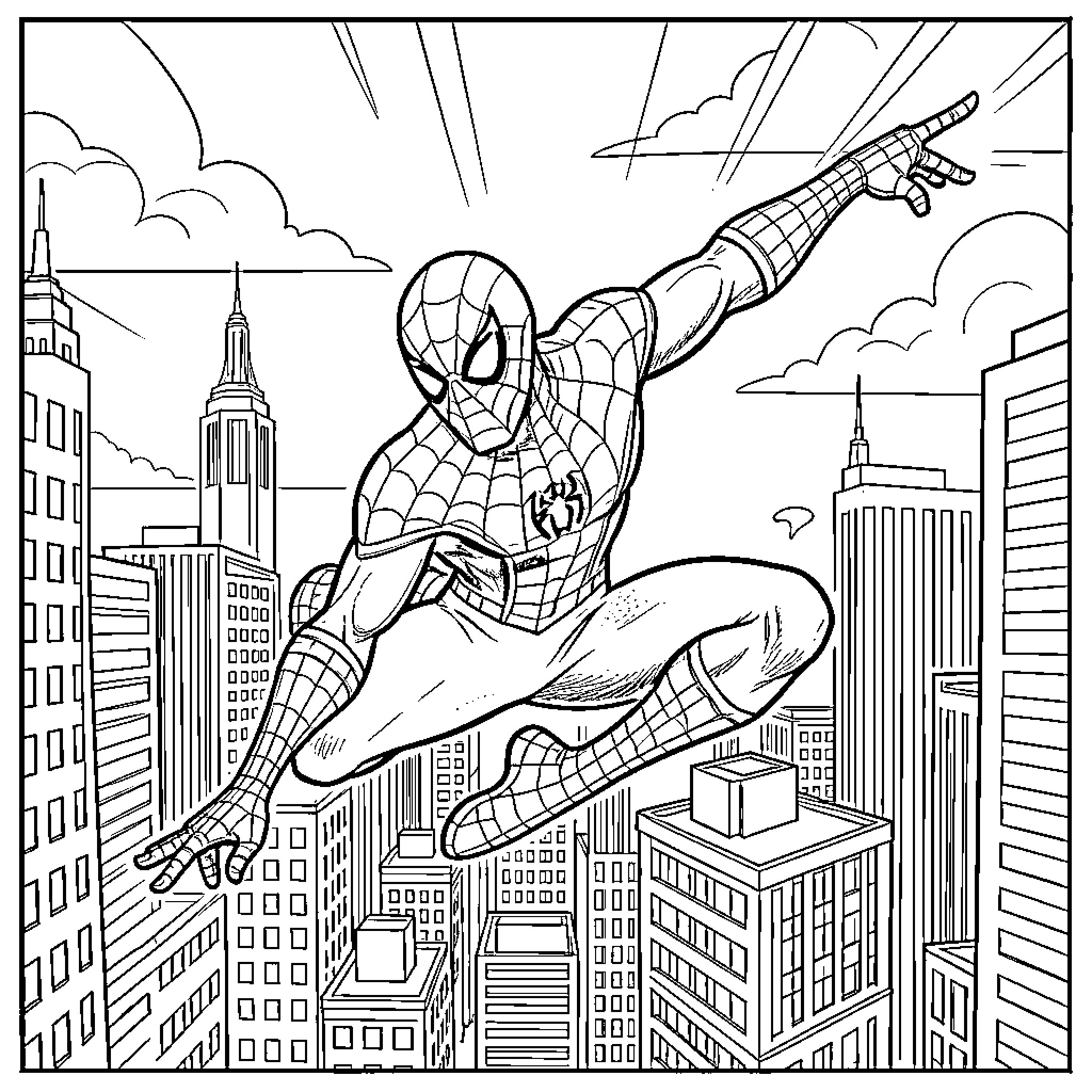Spiderman swinging through the city skyline Coloring Page (free black-and-white line drawing printable PDF for all, from beginners to advanced learners, including children, teens, adults, and seniors)