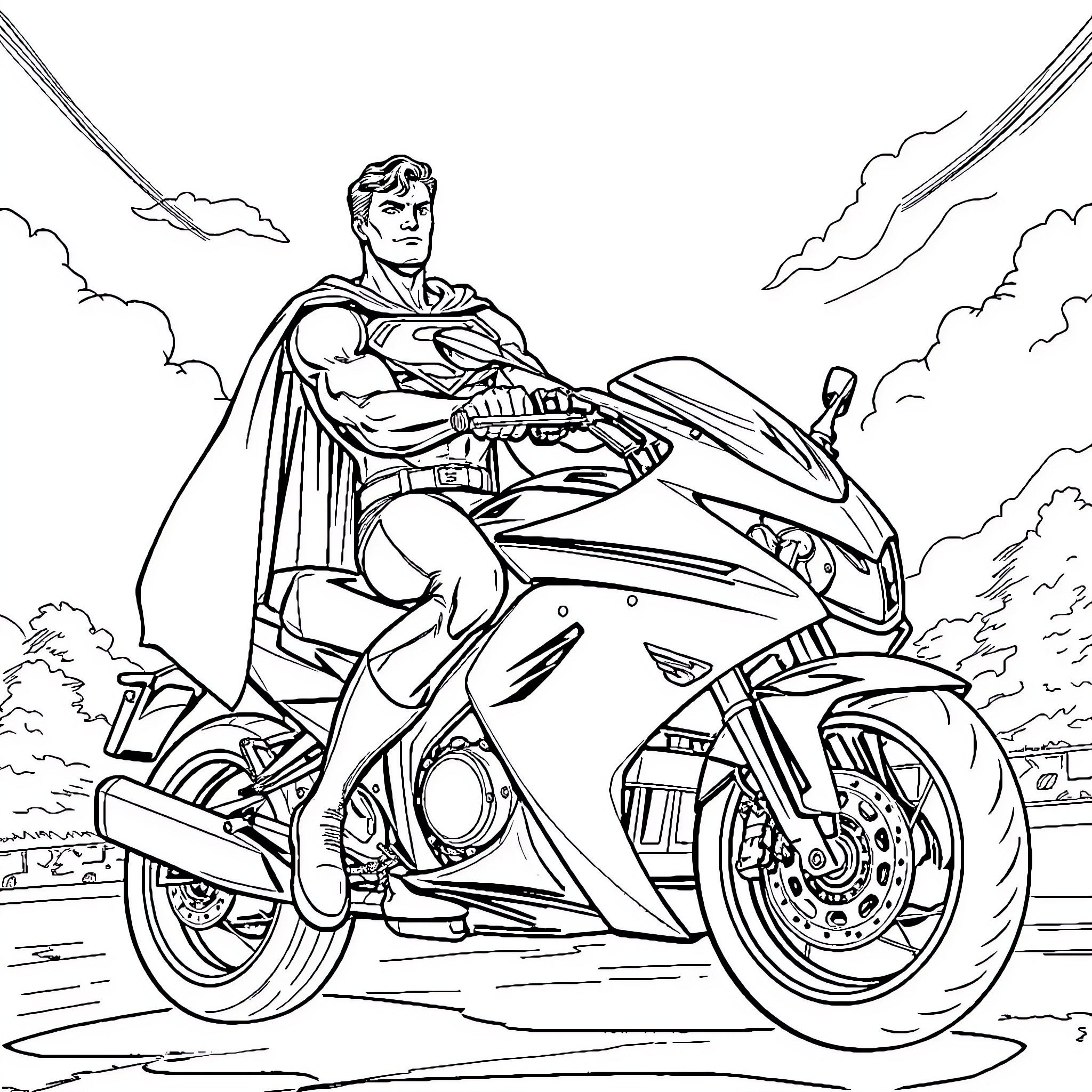 Superman riding a high-powered motorcycle in the sky Coloring Page (free black-and-white line drawing printable PDF for all, from beginners to advanced learners, including children, teens, adults, and seniors)