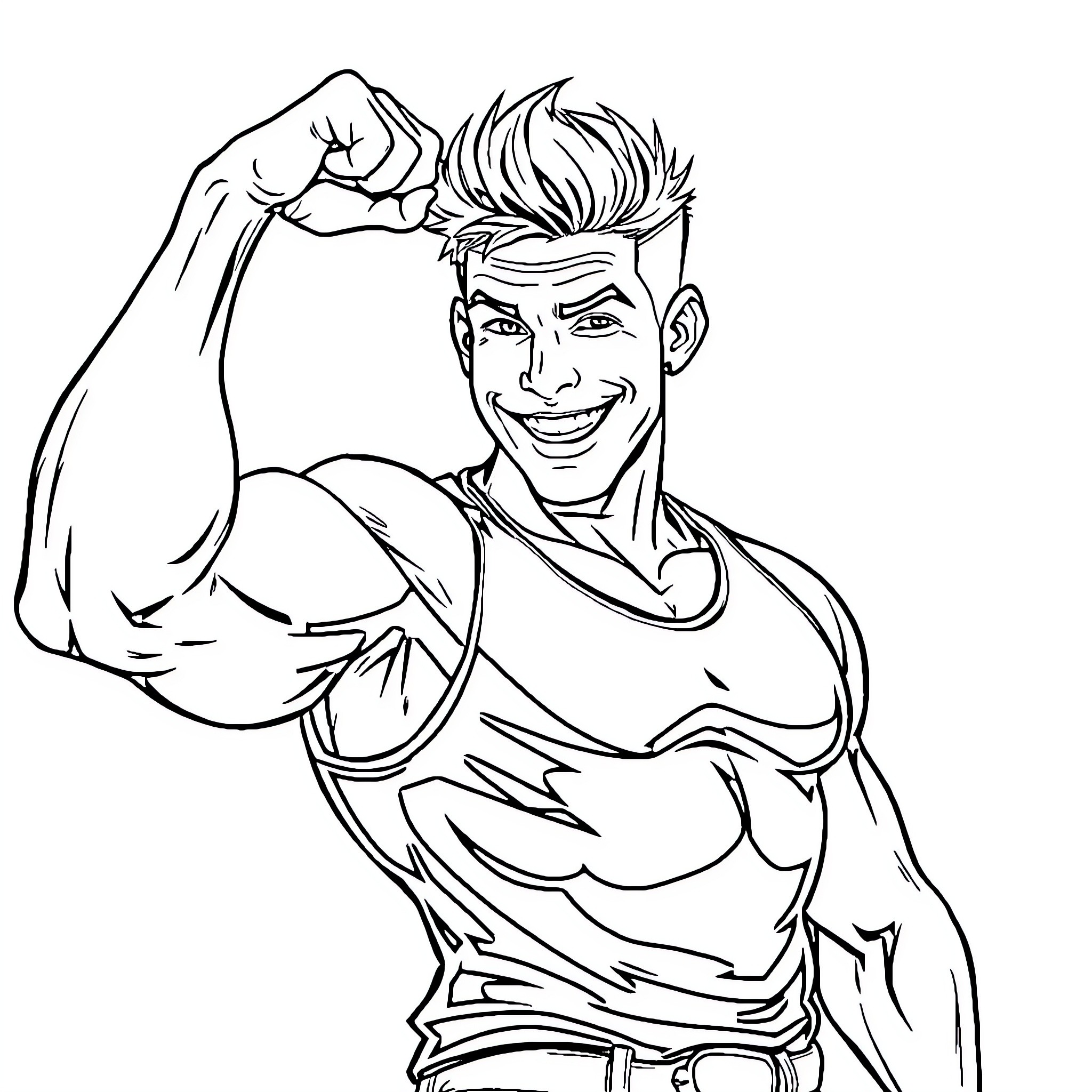 Ross Lynch flexing muscles in heroic pose Coloring Page (free black-and-white line drawing printable PDF for all, from beginners to advanced learners, including children, teens, adults, and seniors)