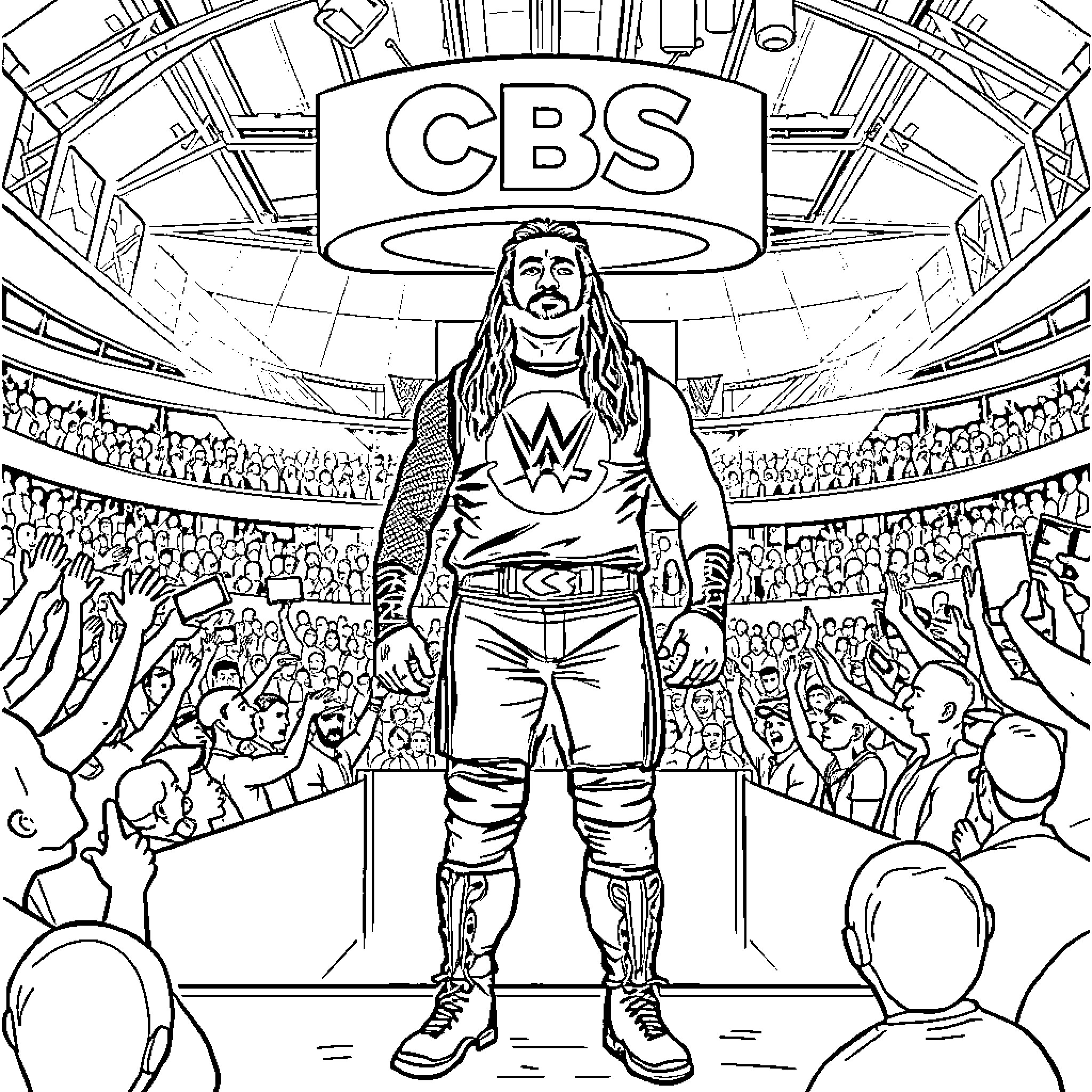 Roman Reigns Stands Triumphant in the Arena Coloring Page (free black-and-white line drawing printable PDF for all, from beginners to advanced learners, including children, teens, adults, and seniors)