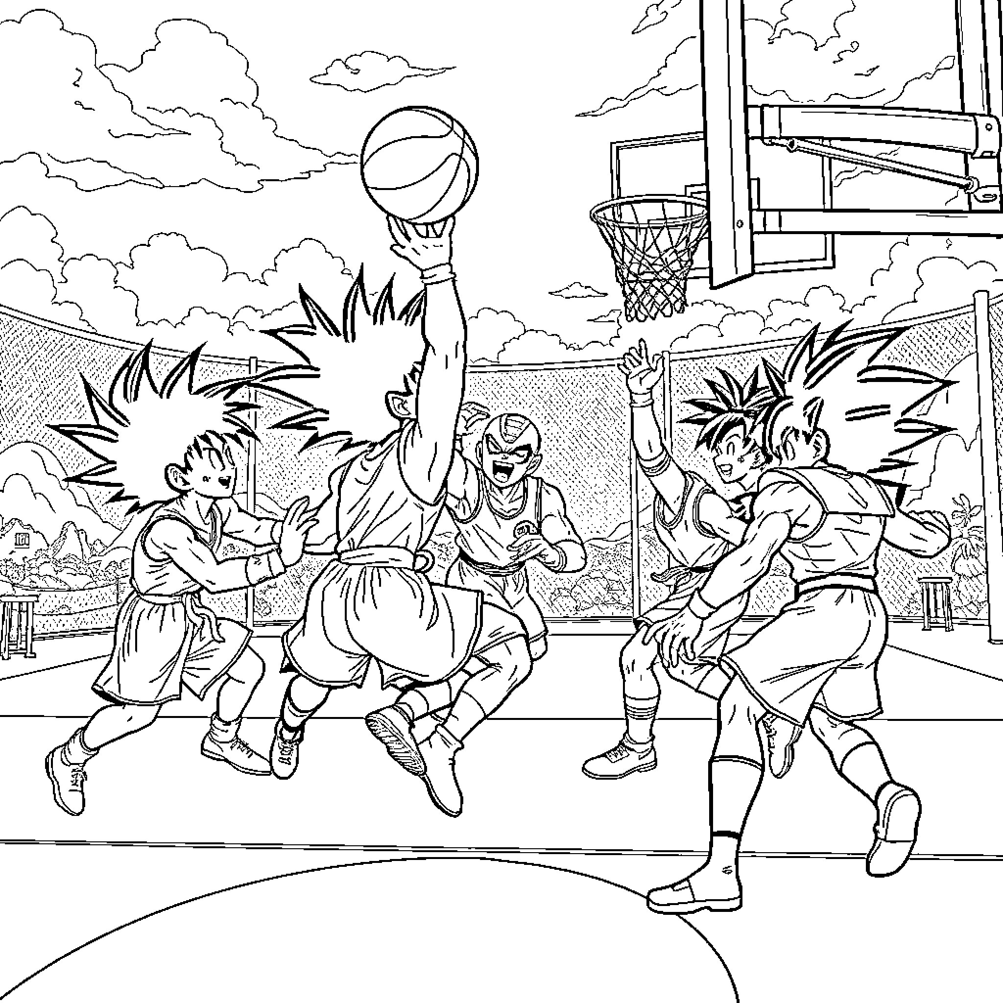 Saiyan Warriors Battling on the Basketball Court Coloring Page (free black-and-white line drawing printable PDF for all, from beginners to advanced learners, including children, teens, adults, and seniors)