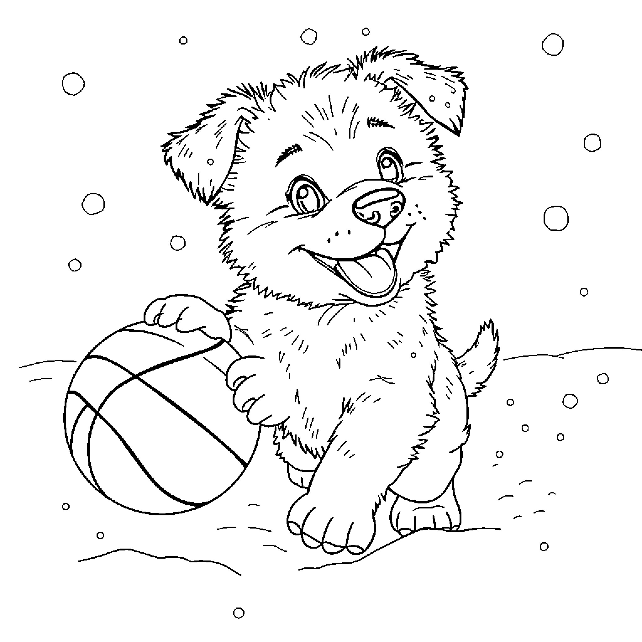 Puppy playing with basketball in snow Coloring Page (free black-and-white line drawing printable PDF for all, from beginners to advanced learners, including children, teens, adults, and seniors)