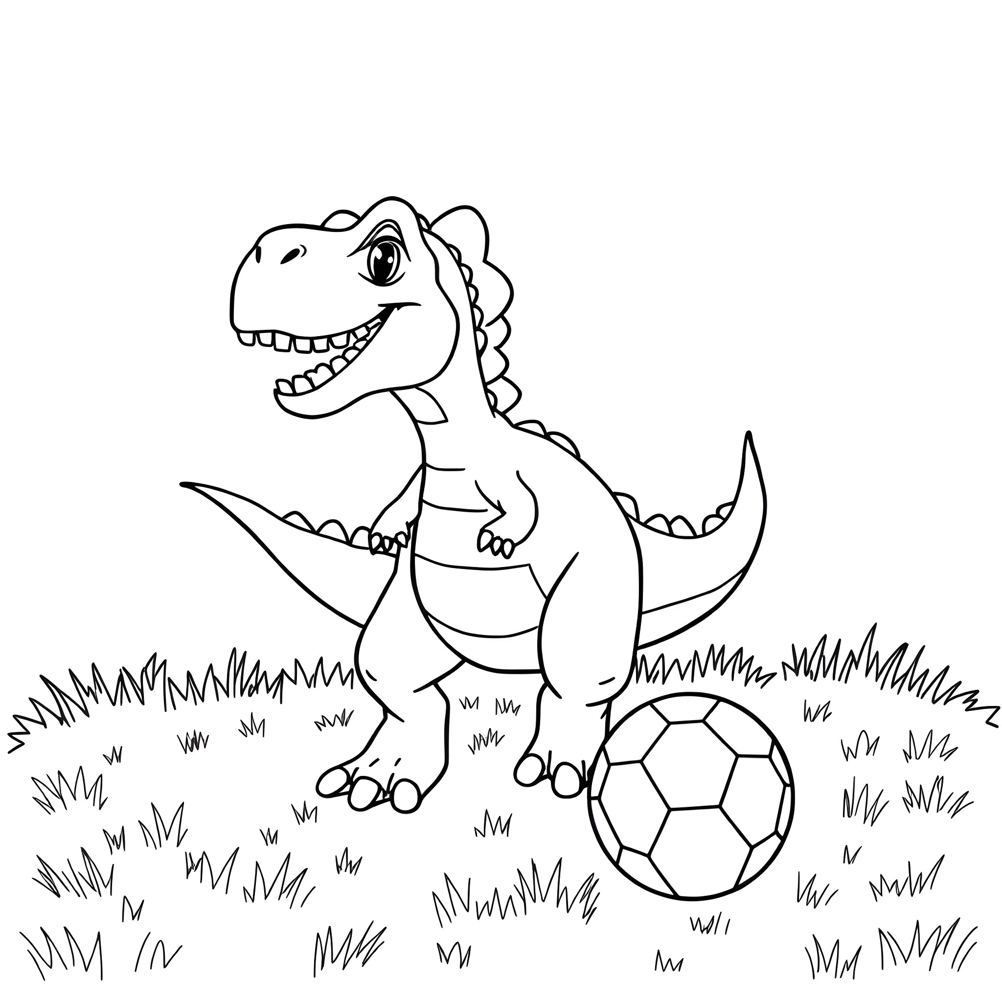 Dinosaur playing with soccer ball in the park Coloring Page (free black-and-white line drawing printable PDF for all, from beginners to advanced learners, including children, teens, adults, and seniors)