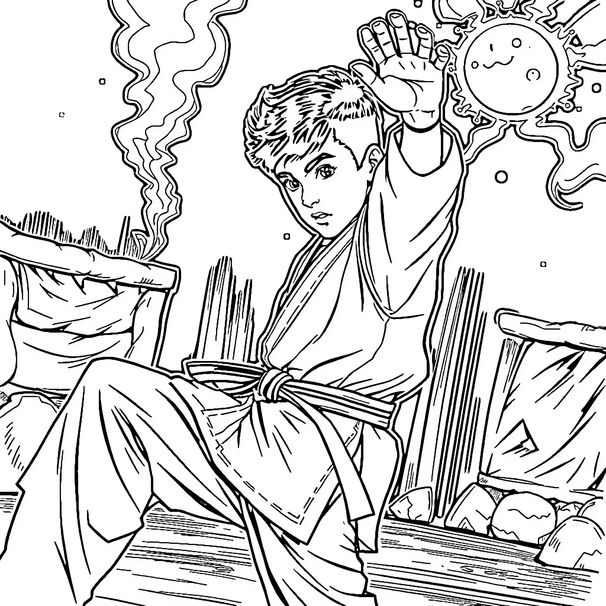 Miguel's Celestial Journey Coloring Page (free black-and-white line drawing printable PDF for all, from beginners to advanced learners, including children, teens, adults, and seniors)