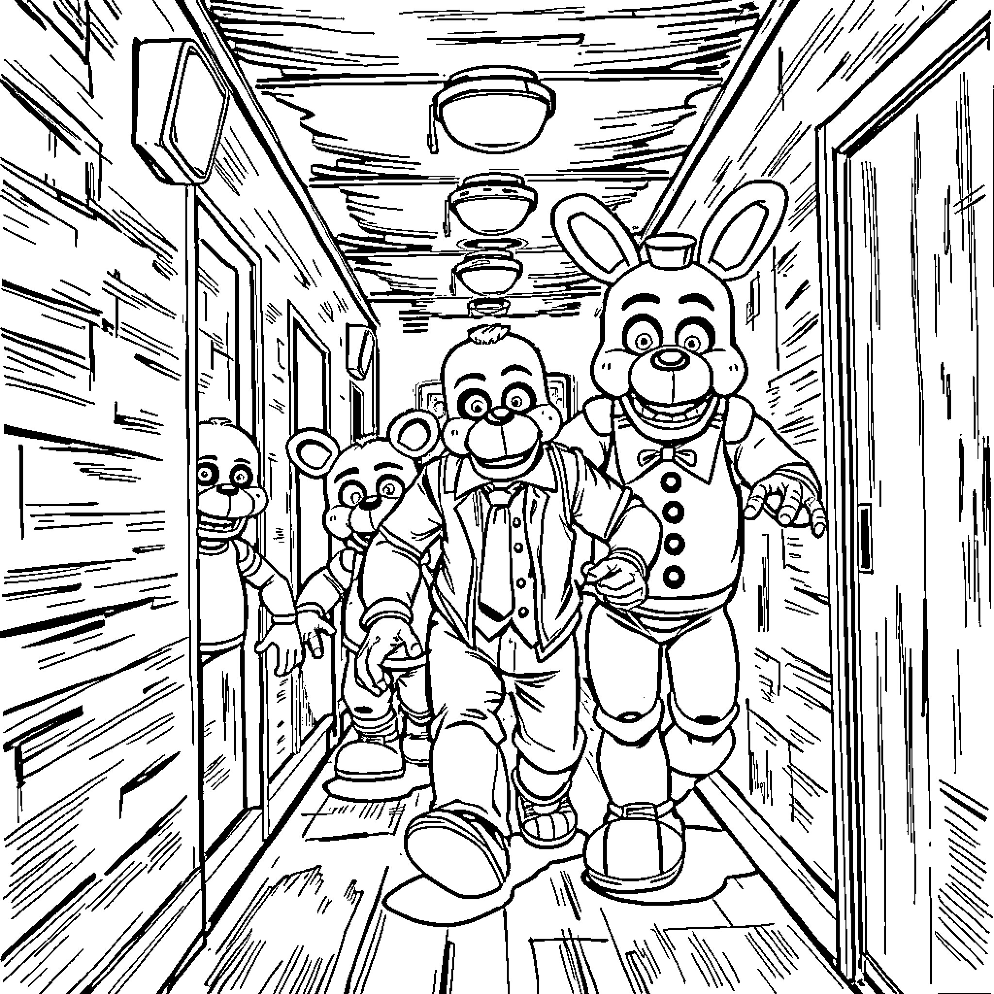 FNAF Animatronics Walking Down a Hallway Coloring Page (free black-and-white line drawing printable PDF for all, from beginners to advanced learners, including children, teens, adults, and seniors)