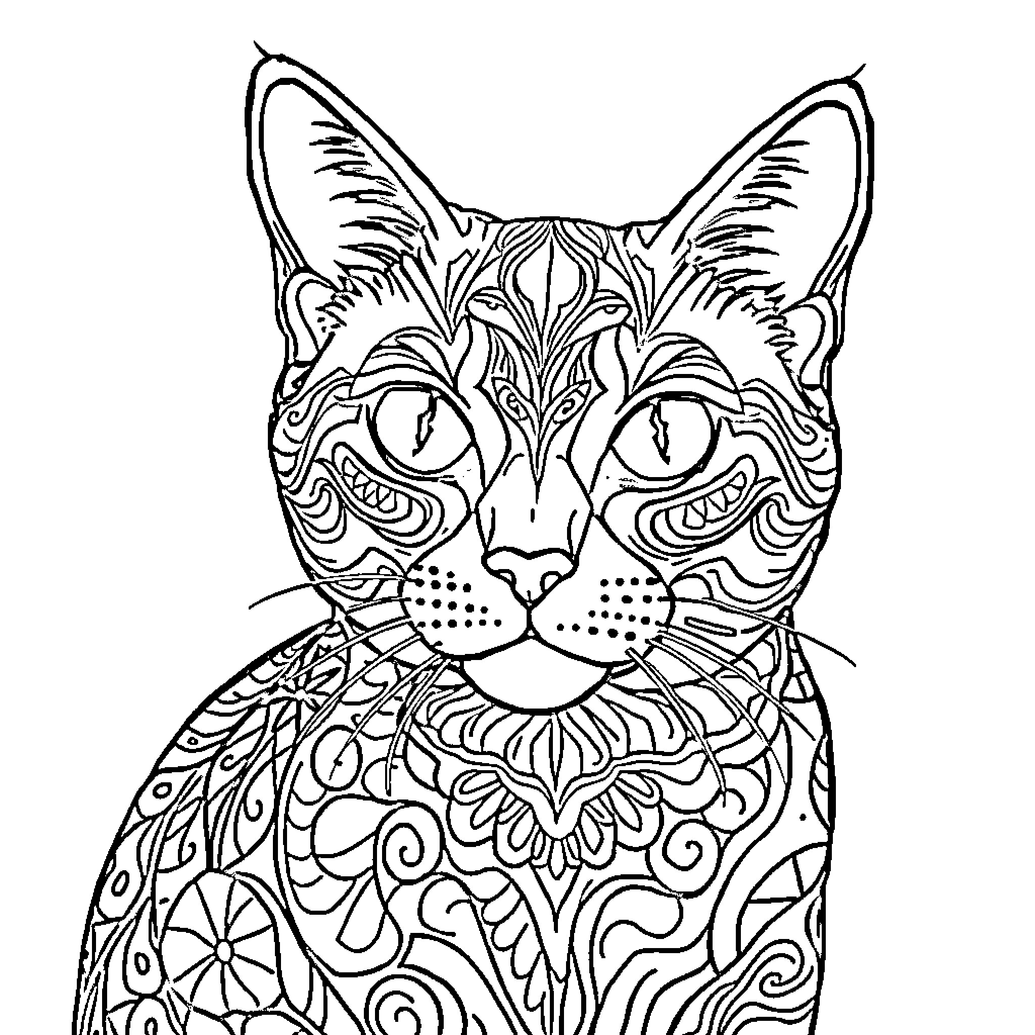 Cat with ornate patterned design Coloring Page (free black-and-white line drawing printable PDF for all, from beginners to advanced learners, including children, teens, adults, and seniors)