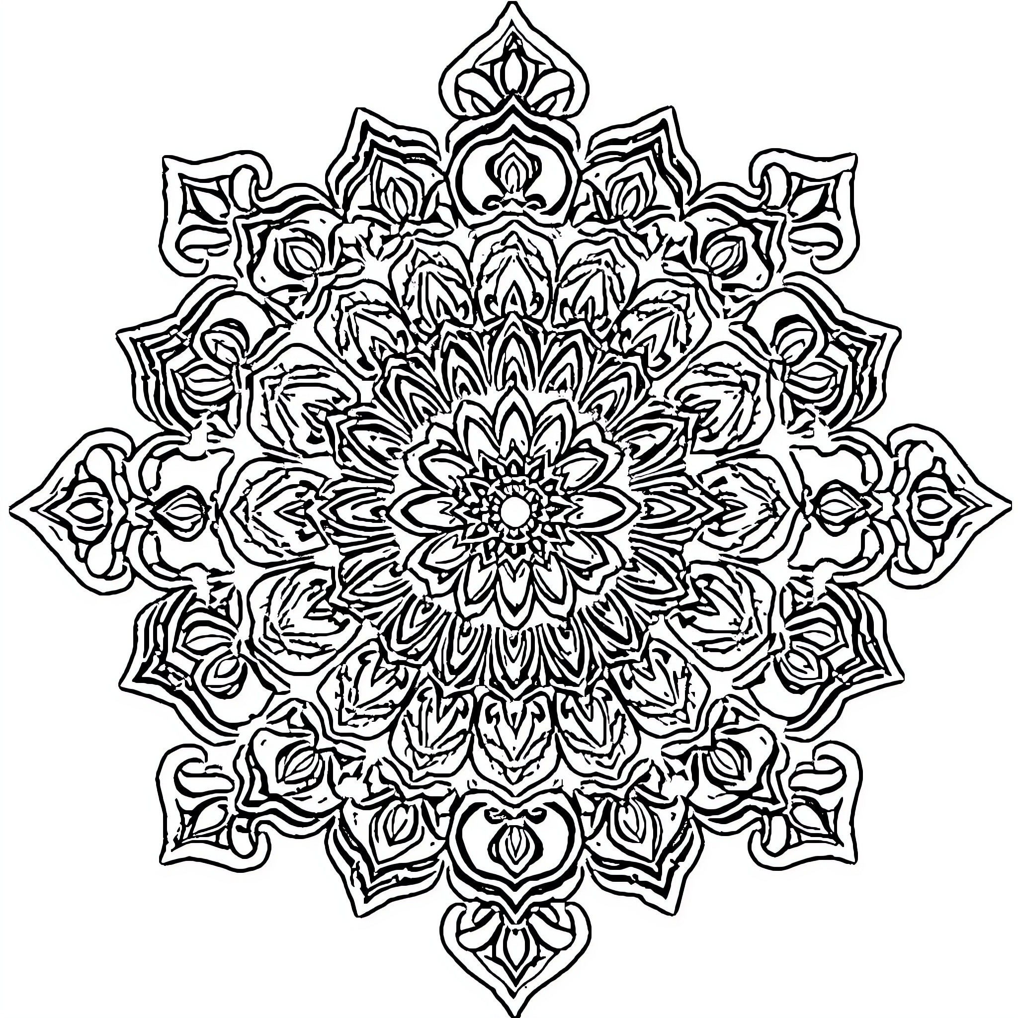 Mandala of intricate floral patterns and symmetry Coloring Page (free black-and-white line drawing printable PDF for all, from beginners to advanced learners, including children, teens, adults, and seniors)