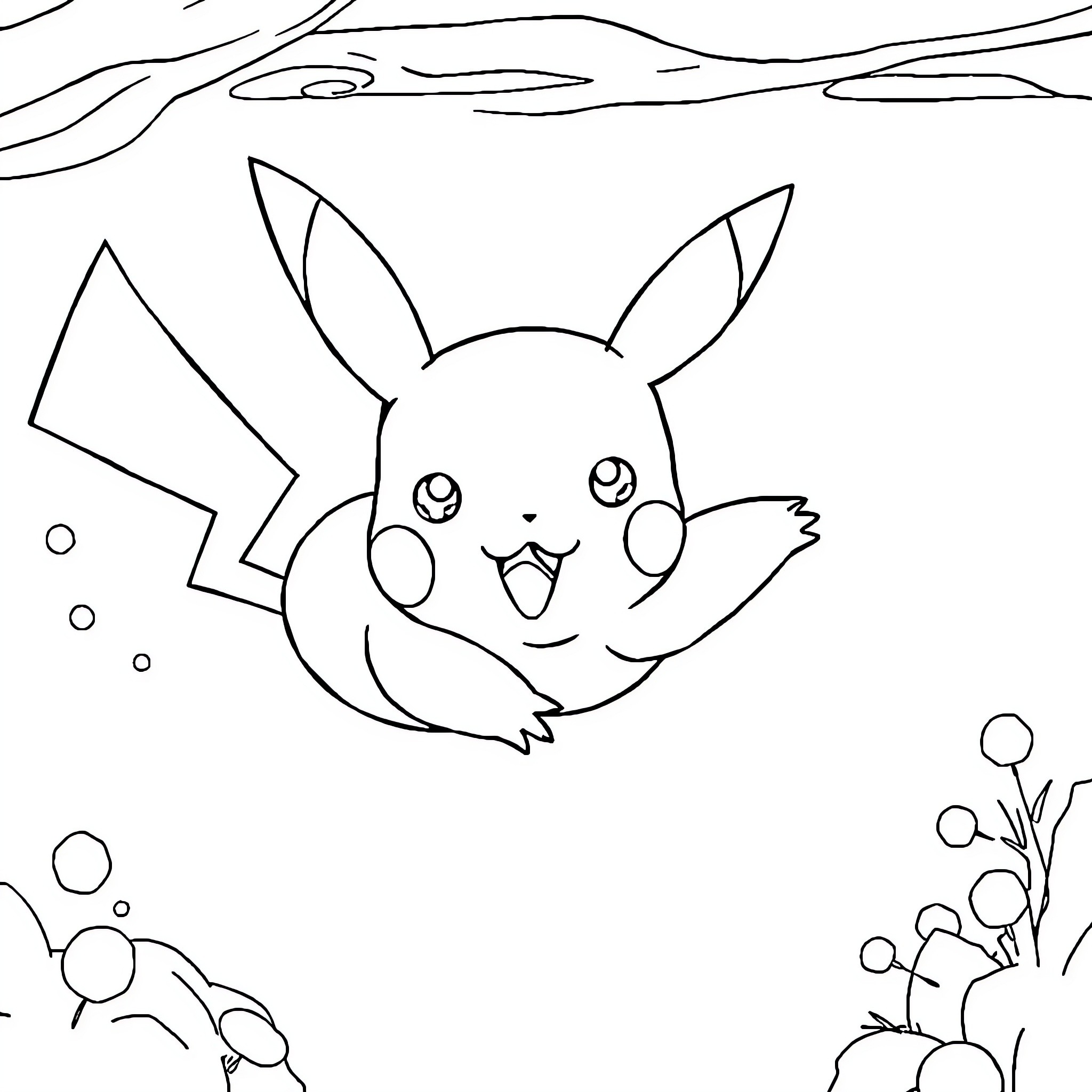 Pikachu jumping happily in the outdoors Coloring Page (free black-and-white line drawing printable PDF for all, from beginners to advanced learners, including children, teens, adults, and seniors)