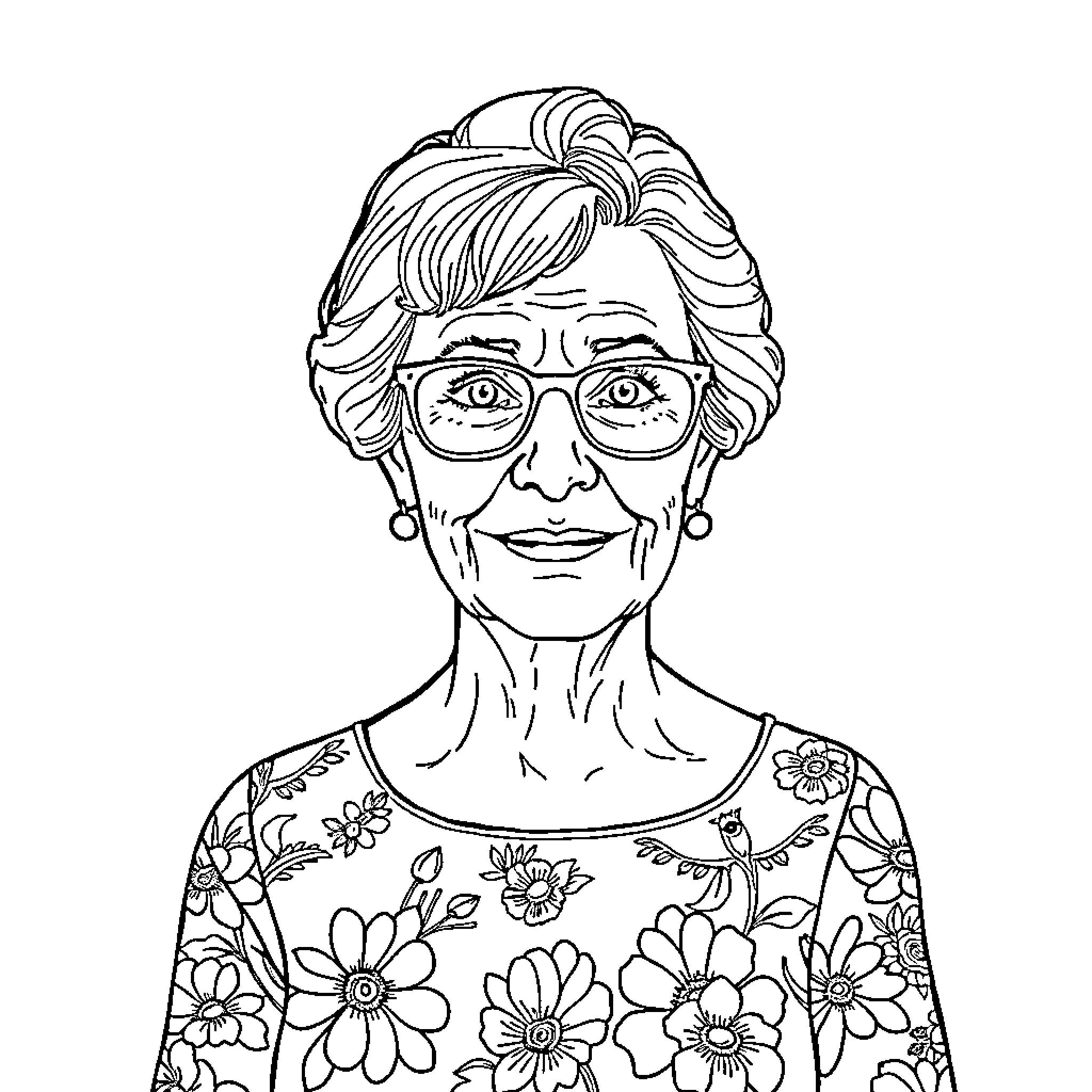 Mrs Helber's Floral Delight Coloring Page (free black-and-white line drawing printable PDF for all, from beginners to advanced learners, including children, teens, adults, and seniors)