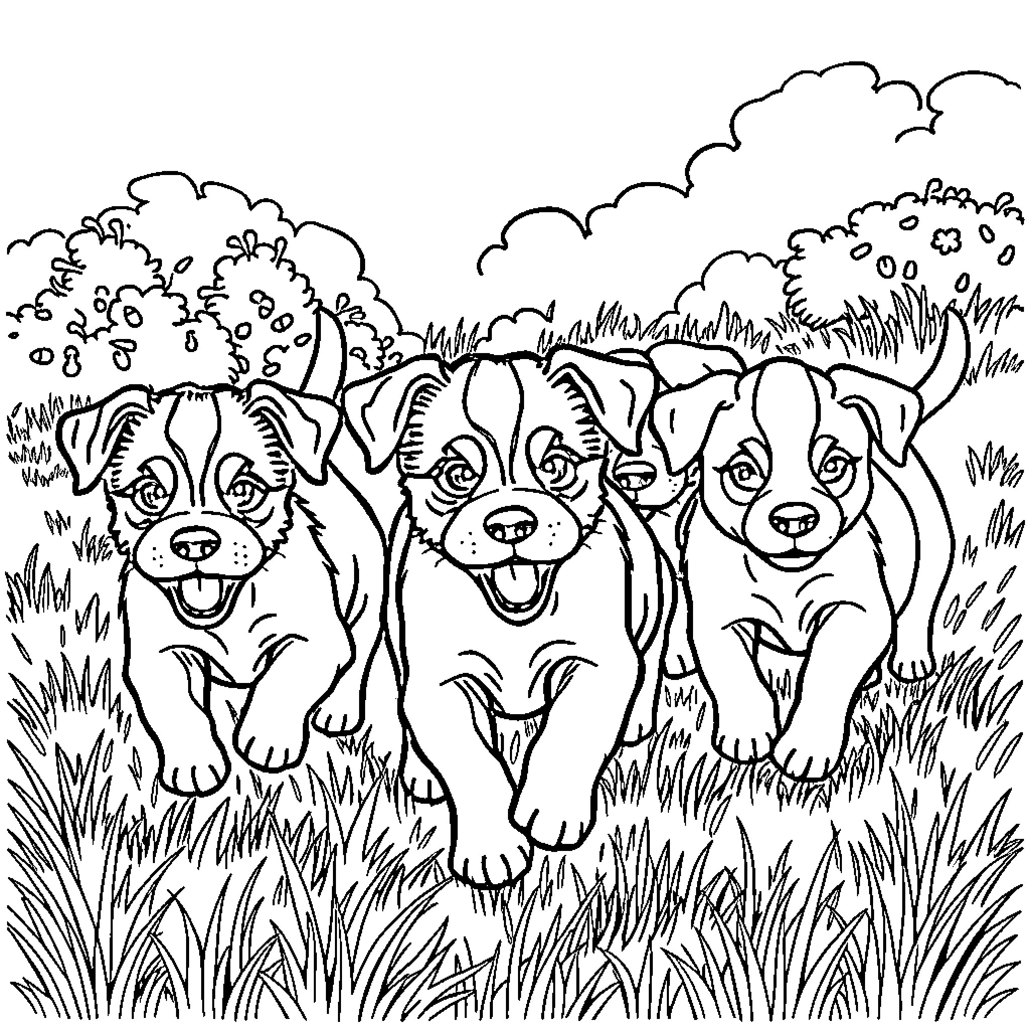 Puppy playing happily in the field Coloring Page (free black-and-white line drawing printable PDF for all, from beginners to advanced learners, including children, teens, adults, and seniors)