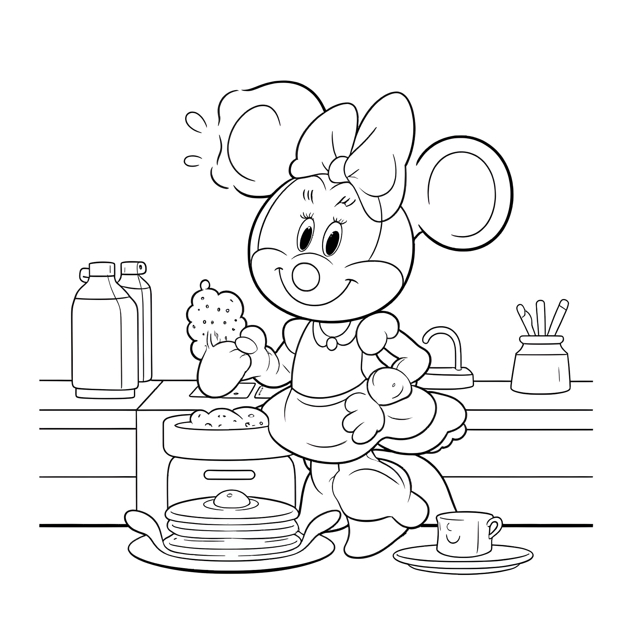 Minnie Mouse baking delicious treats in the kitchen Coloring Page (free black-and-white line drawing printable PDF for all, from beginners to advanced learners, including children, teens, adults, and seniors)