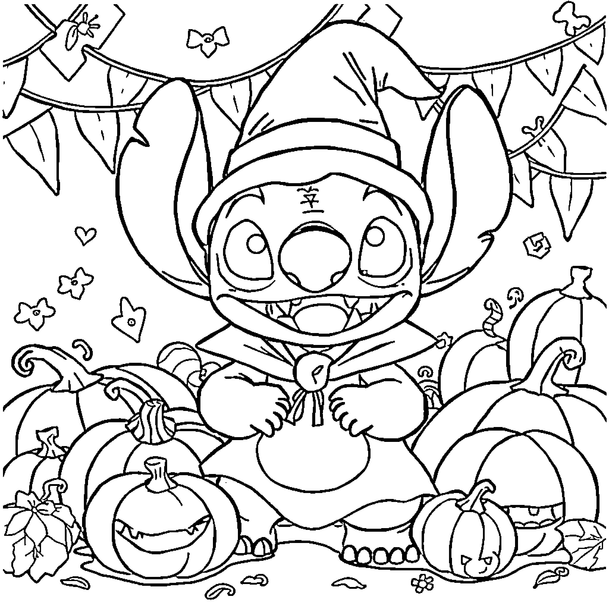 Stitch celebrates a festive Halloween Coloring Page (free black-and-white line drawing printable PDF for all, from beginners to advanced learners, including children, teens, adults, and seniors)