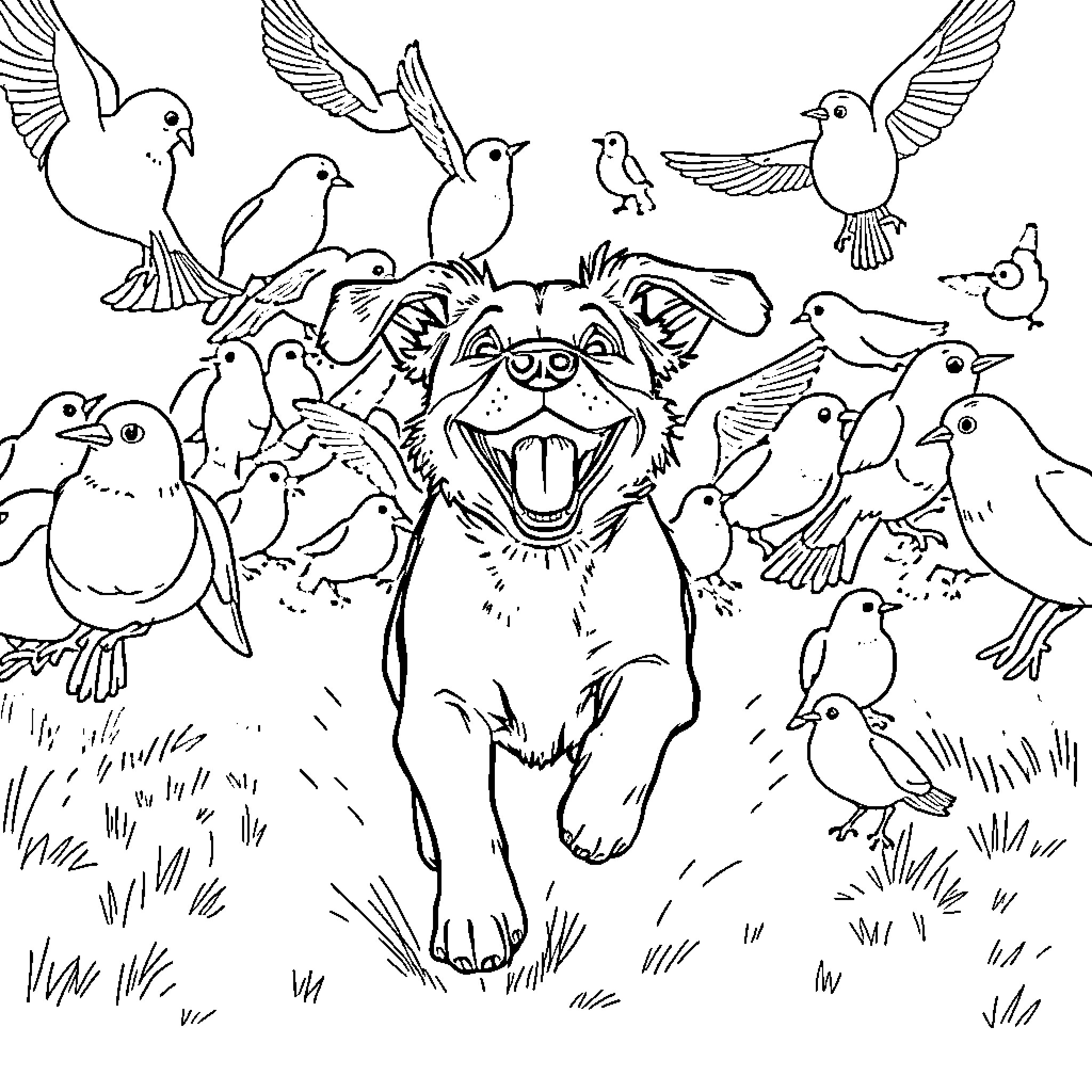 Dog surrounded by joyful birds in nature Coloring Page (free black-and-white line drawing printable PDF for all, from beginners to advanced learners, including children, teens, adults, and seniors)
