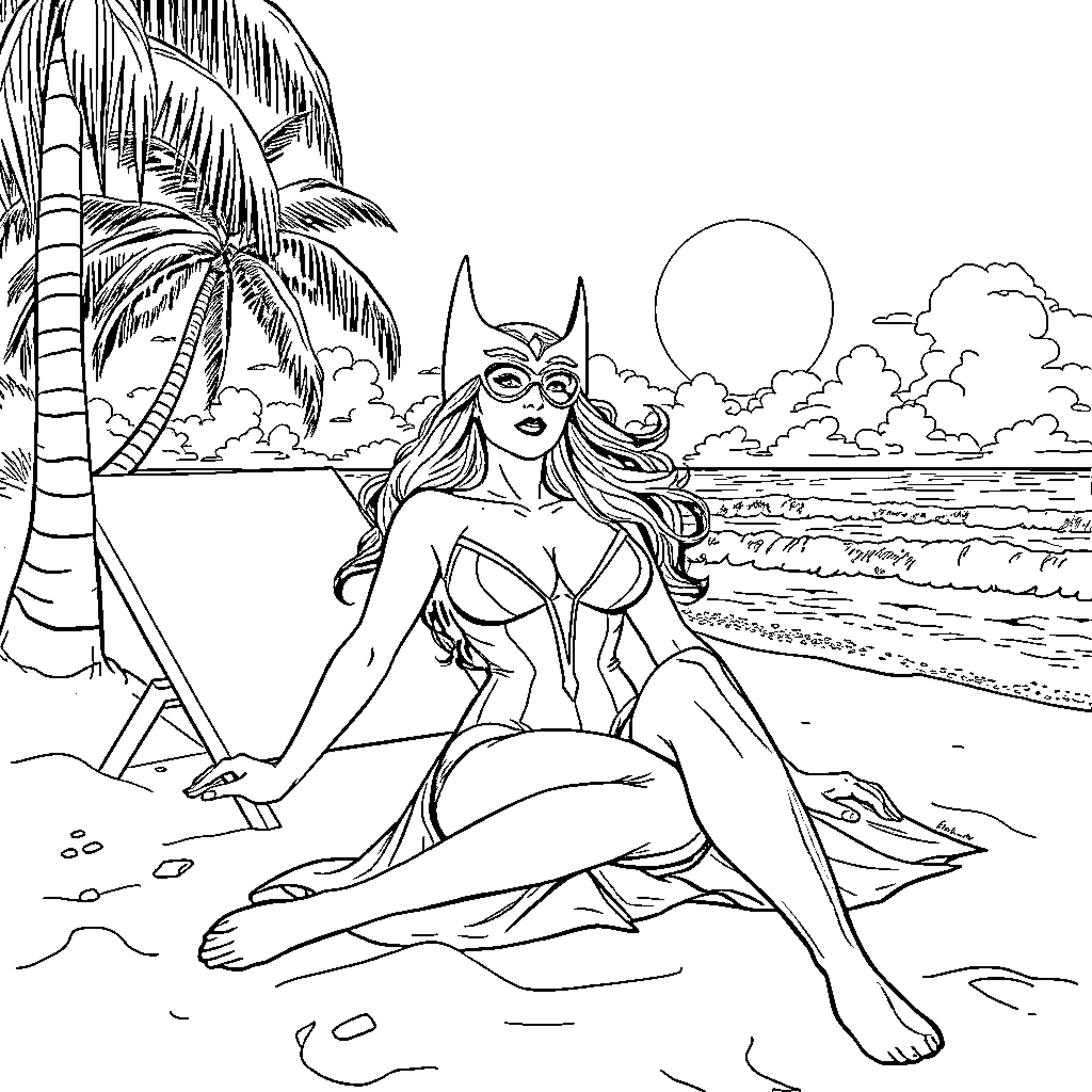 Scarlet Witch relaxing on the beach Coloring Page (free black-and-white line drawing printable PDF for all, from beginners to advanced learners, including children, teens, adults, and seniors)