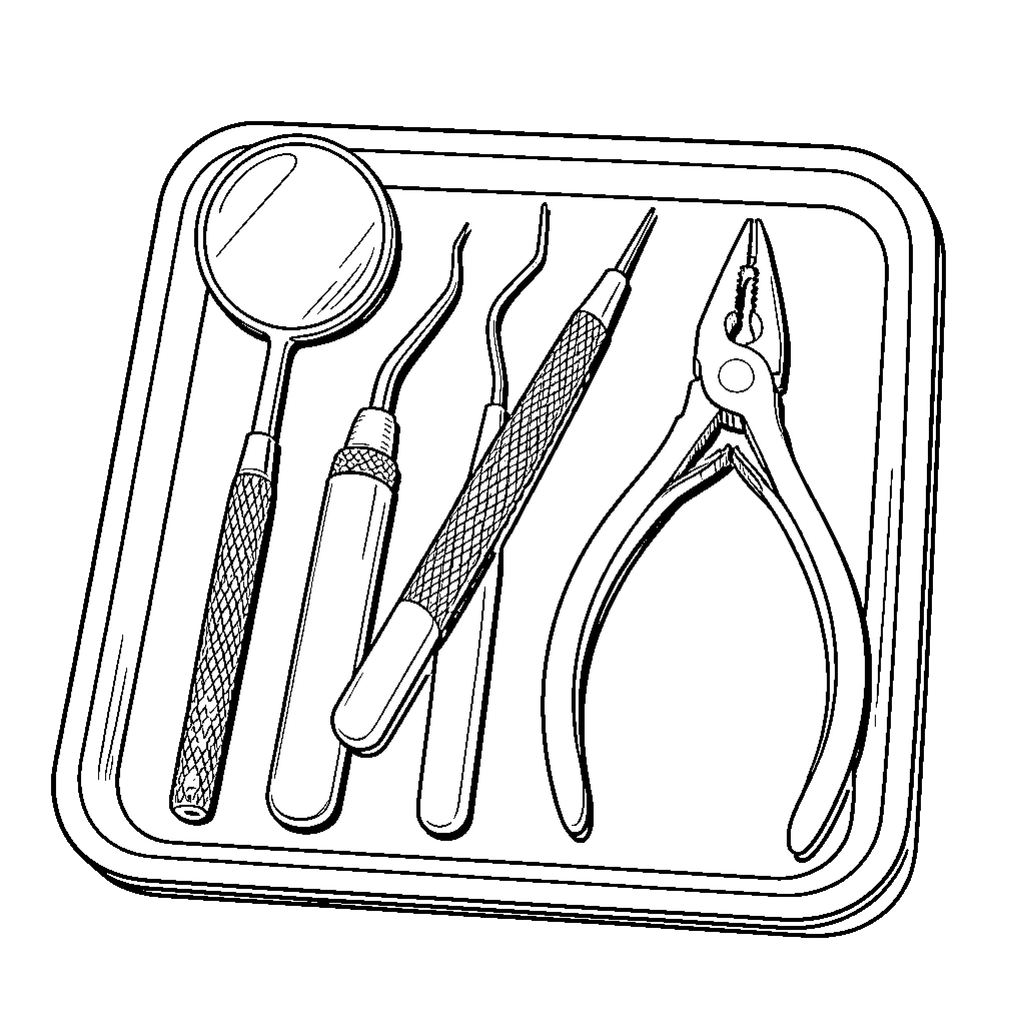 Dental Instrument Tray with Tools and Accessories Coloring Page (free black-and-white line drawing printable PDF for all, from beginners to advanced learners, including children, teens, adults, and seniors)