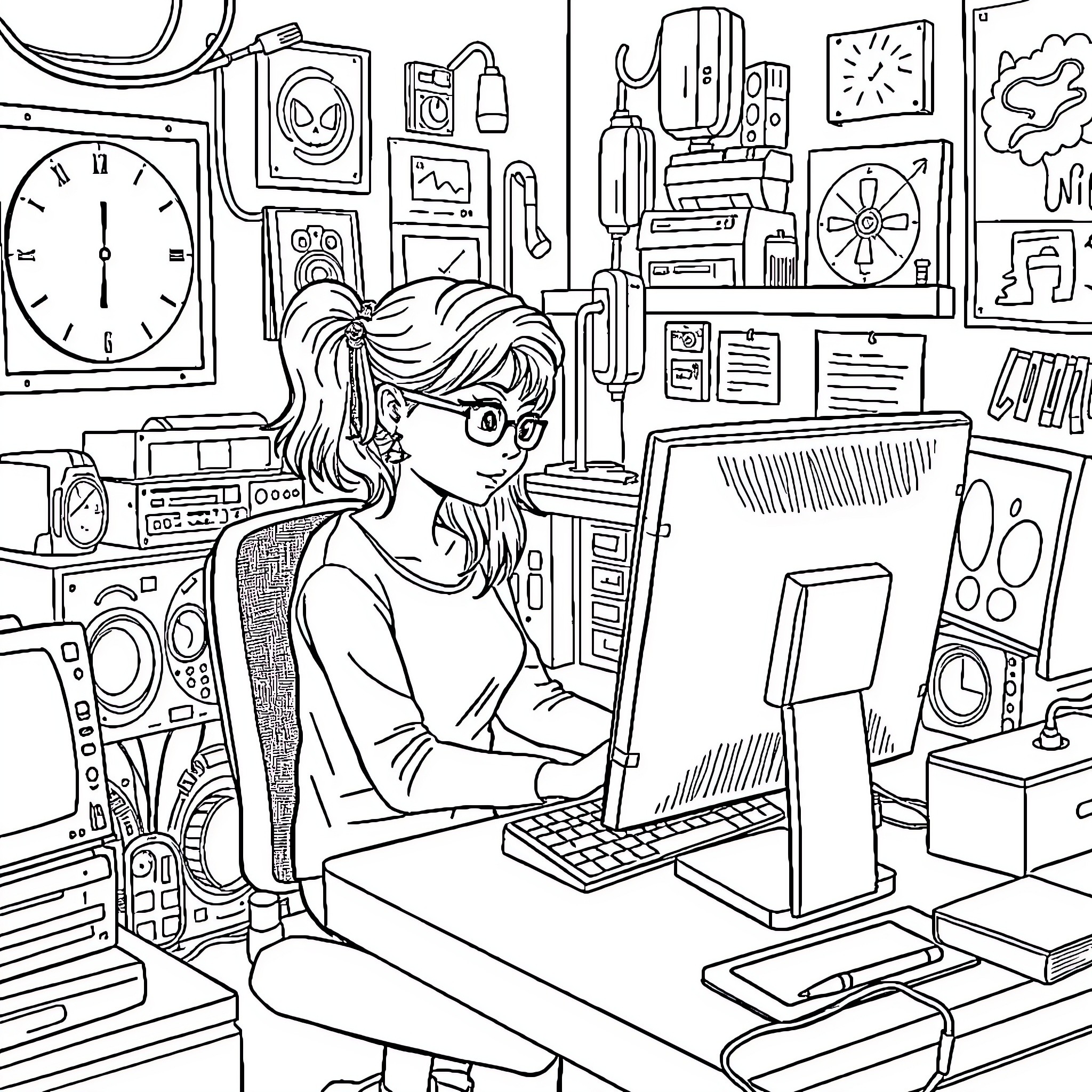 Ember's Creative Workspace: A Study in Focus Coloring Page (free black-and-white line drawing printable PDF for all, from beginners to advanced learners, including children, teens, adults, and seniors)