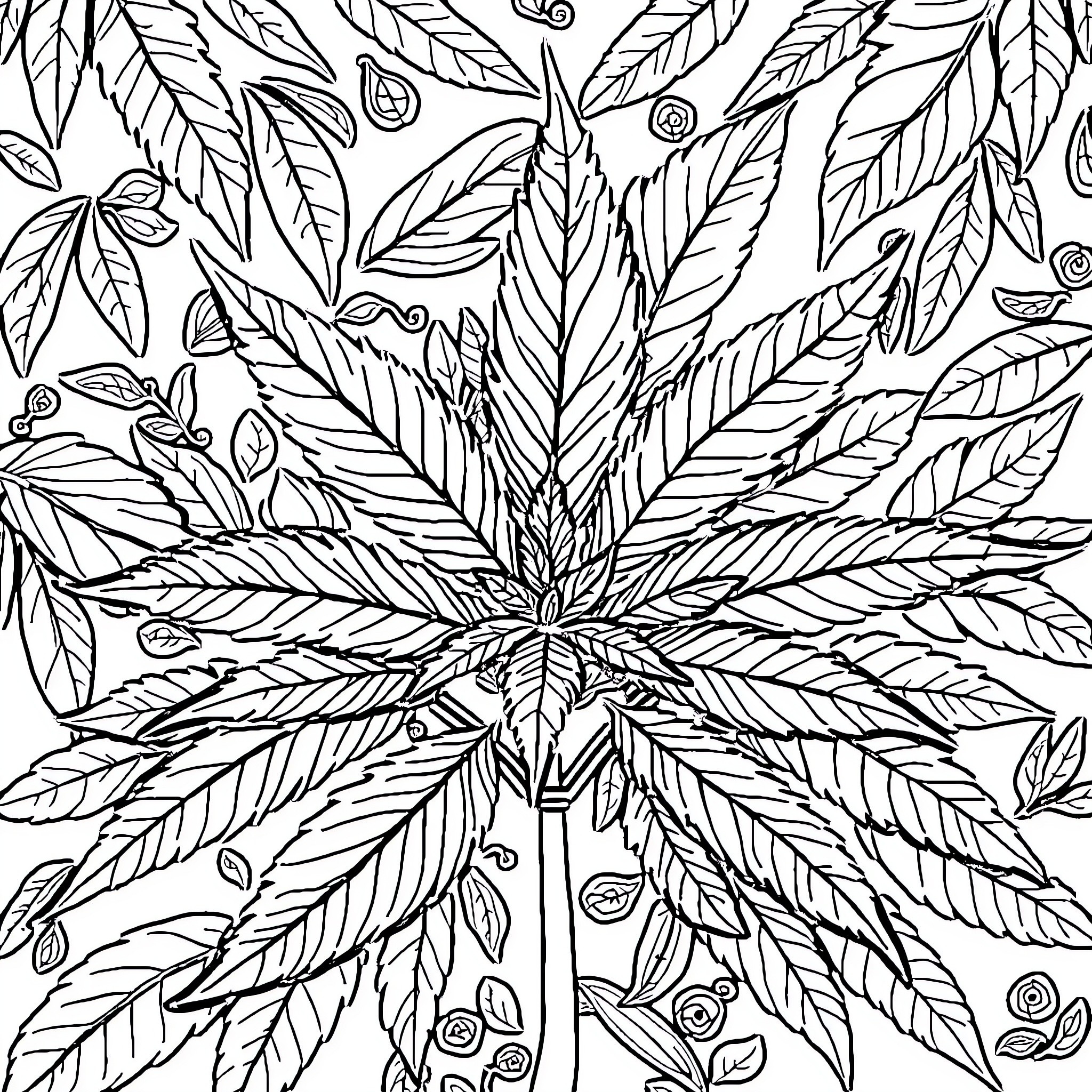 Weed leaves in abstract design Coloring Page (free black-and-white line drawing printable PDF for all, from beginners to advanced learners, including children, teens, adults, and seniors)