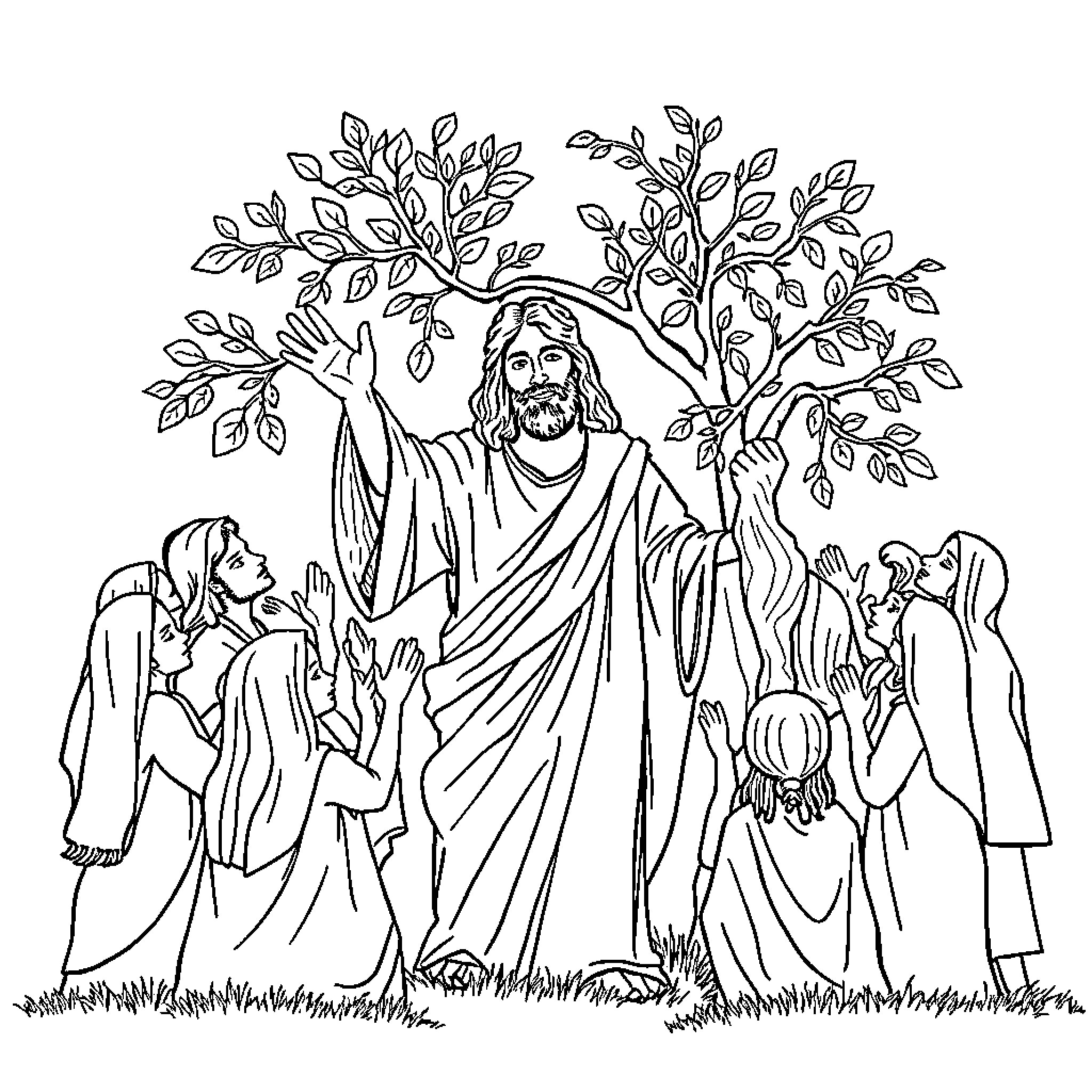 Jesus teaching and surrounded by his followers Coloring Page (free black-and-white line drawing printable PDF for all, from beginners to advanced learners, including children, teens, adults, and seniors)