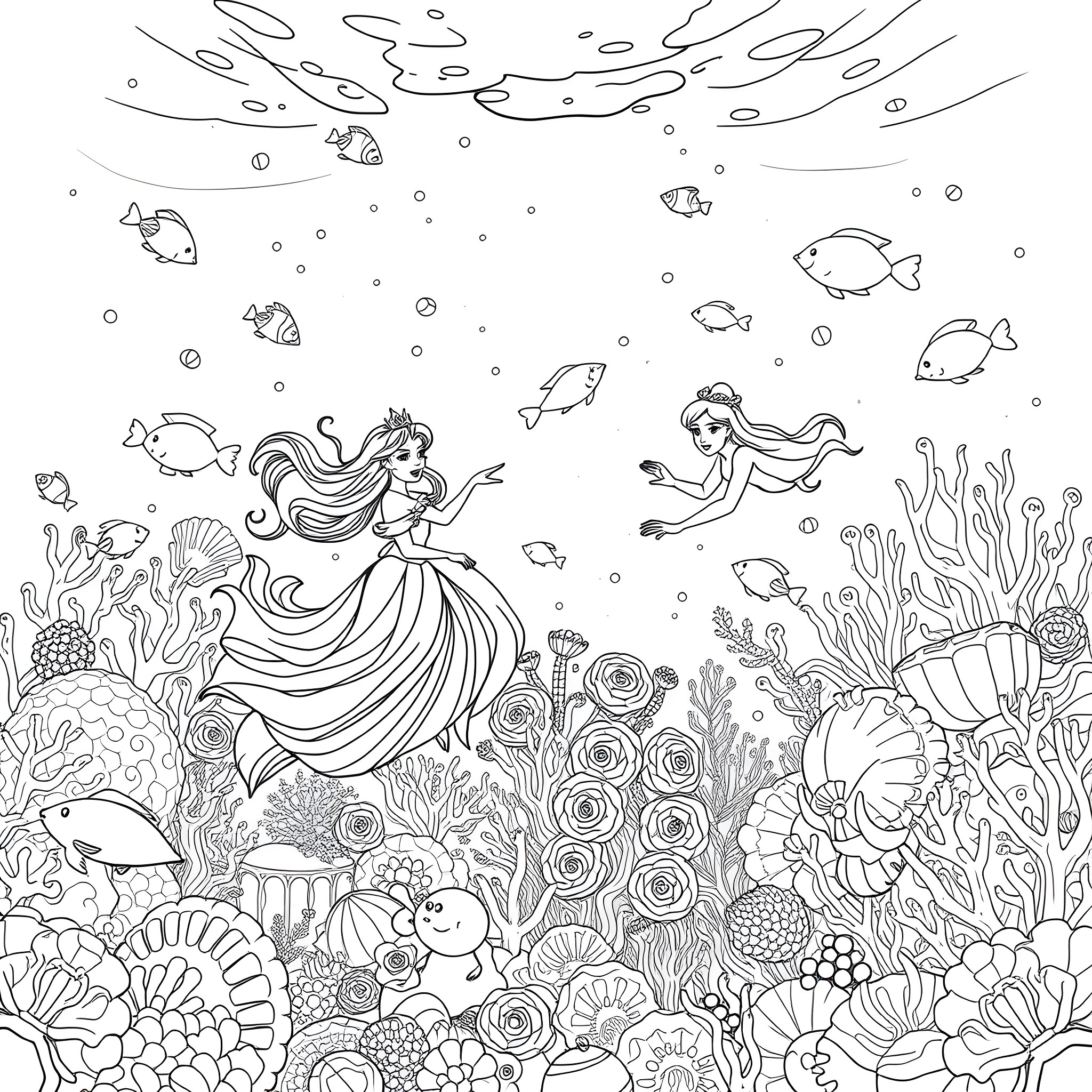 Princess dancing gracefully underwater among marine life Coloring Page (free black-and-white line drawing printable PDF for all, from beginners to advanced learners, including children, teens, adults, and seniors)