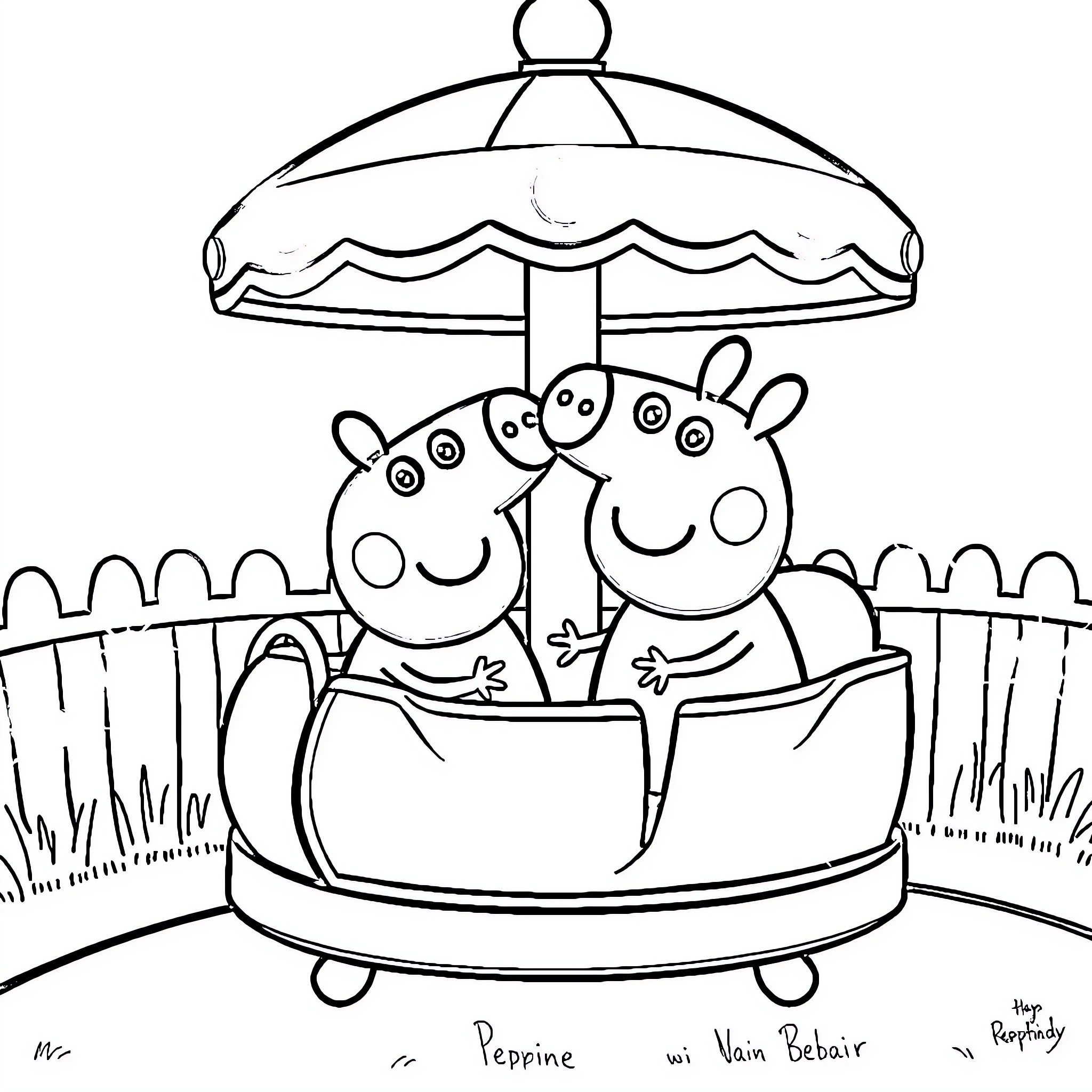 Peppa Pig and friend enjoying ride in a teacup Coloring Page (free black-and-white line drawing printable PDF for all, from beginners to advanced learners, including children, teens, adults, and seniors)