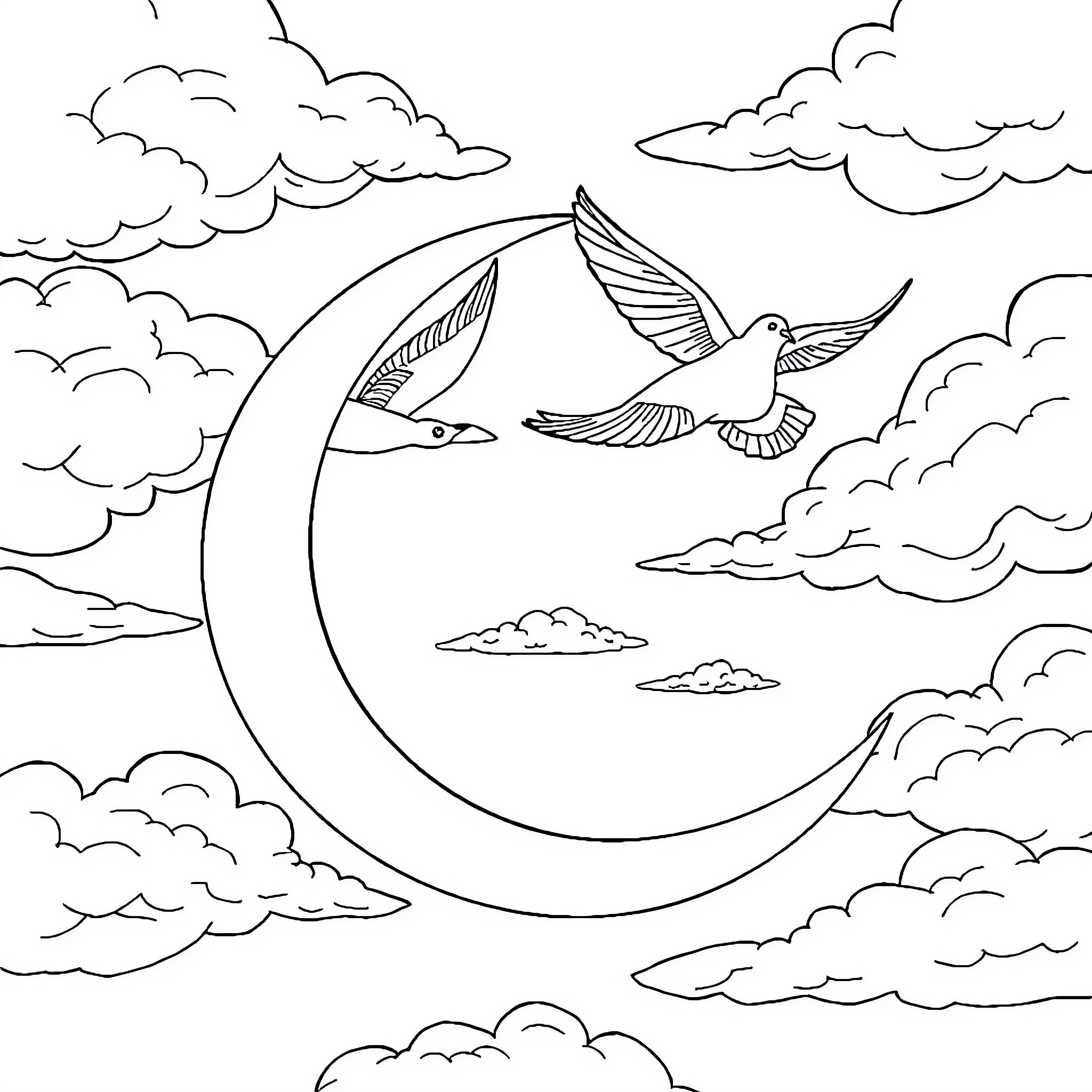 Dove soaring gracefully among the clouds Coloring Page (free black-and-white line drawing printable PDF for all, from beginners to advanced learners, including children, teens, adults, and seniors)