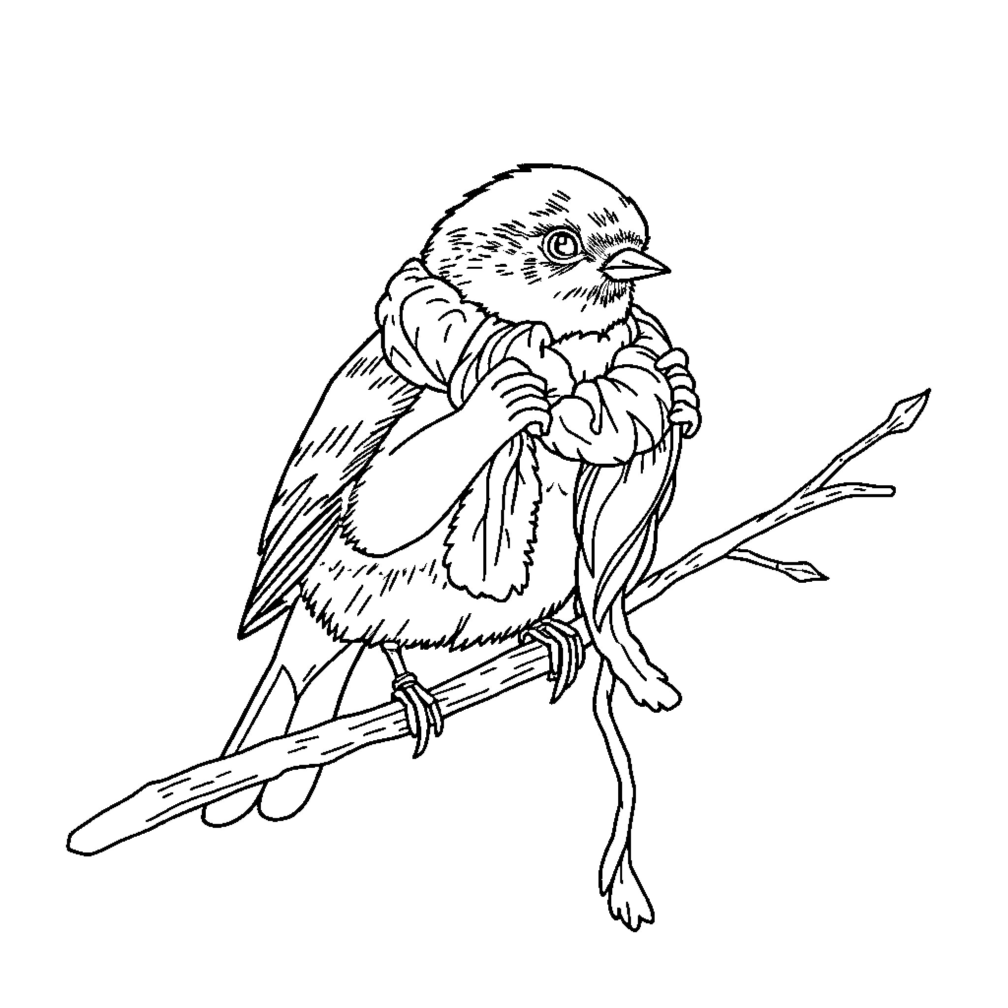 Robin perching on a branch with flowers Coloring Page (free black-and-white line drawing printable PDF for all, from beginners to advanced learners, including children, teens, adults, and seniors)