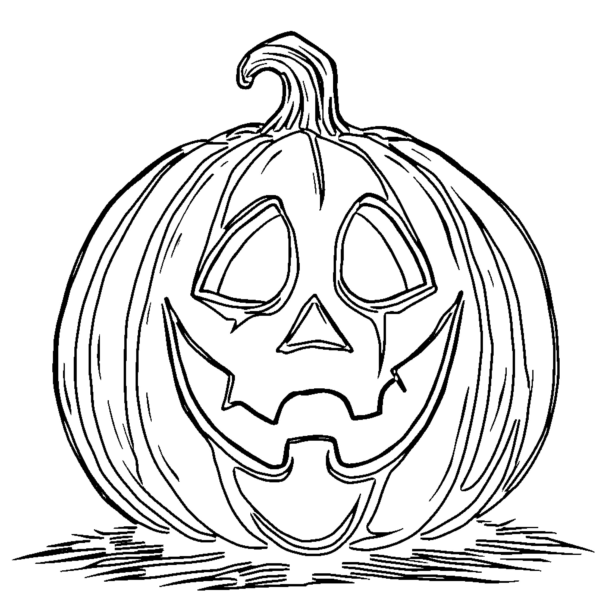 Pumpkin with jack-o'-lantern face Coloring Page (free black-and-white line drawing printable PDF for all, from beginners to advanced learners, including children, teens, adults, and seniors)