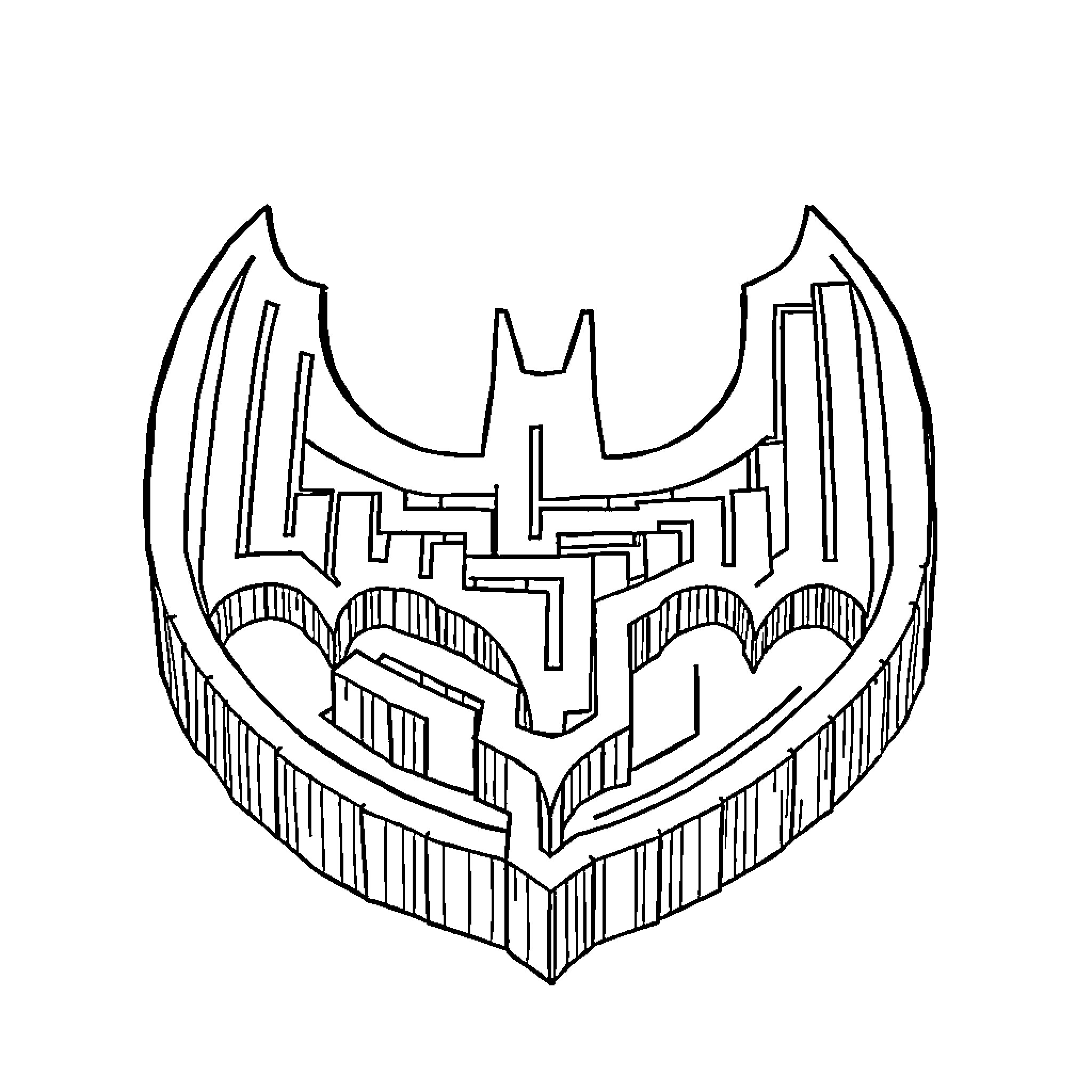Batman Logo featuring abstract cityscape Coloring Page (free black-and-white line drawing printable PDF for all, from beginners to advanced learners, including children, teens, adults, and seniors)