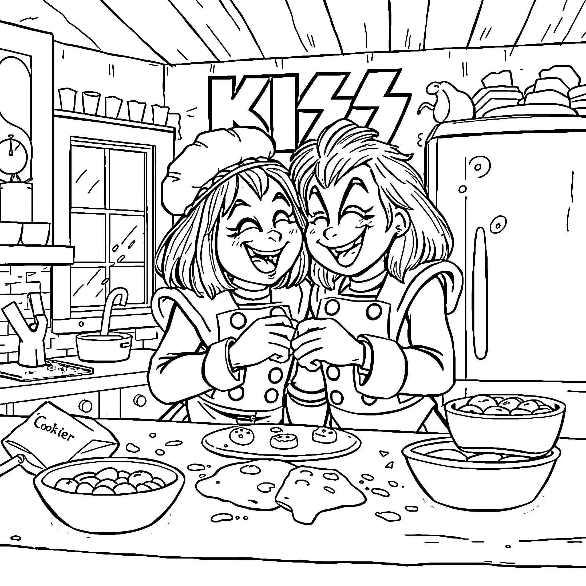 Kiss between two cartoon characters in a kitchen Coloring Page (free black-and-white line drawing printable PDF for all, from beginners to advanced learners, including children, teens, adults, and seniors)