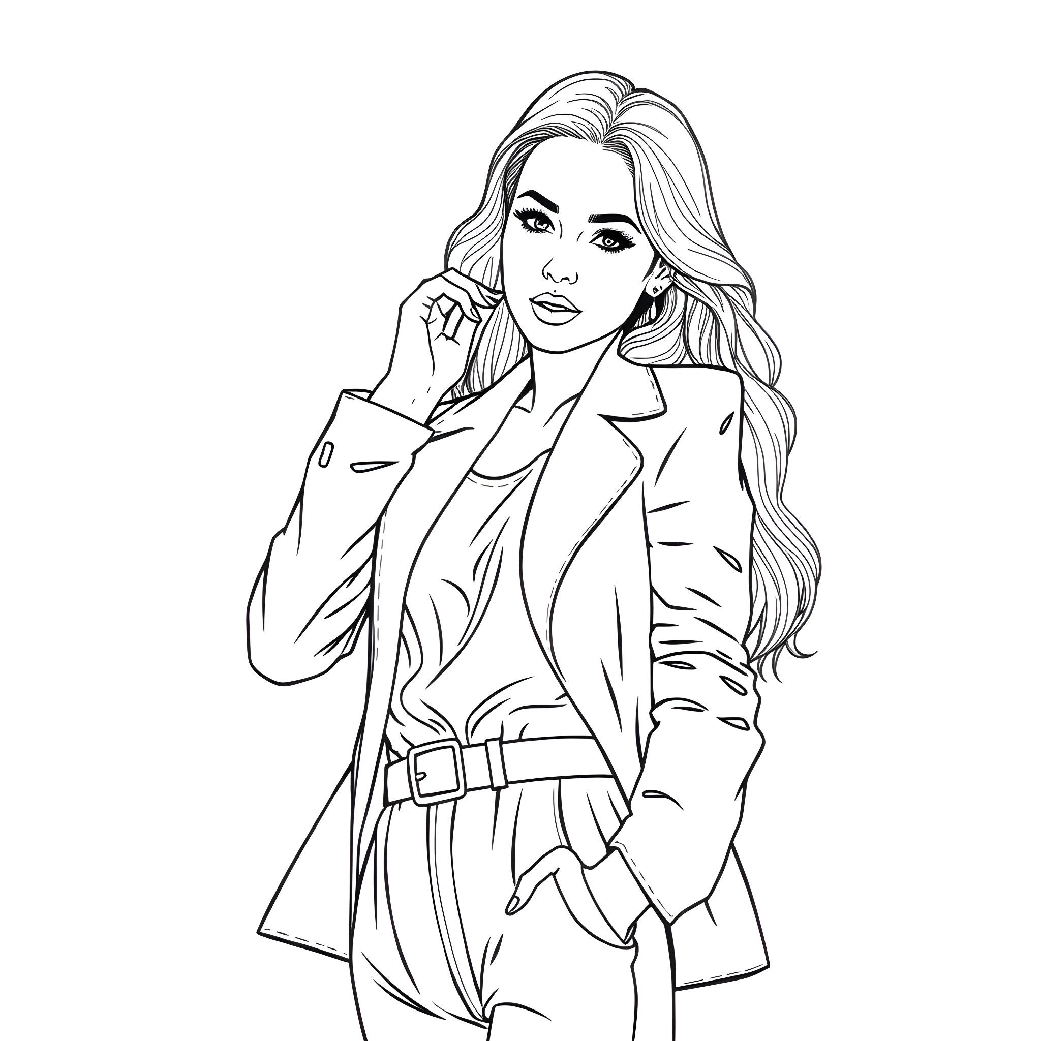 Ana de Armas in a stylish black and white portrait Coloring Page (free black-and-white line drawing printable PDF for all, from beginners to advanced learners, including children, teens, adults, and seniors)