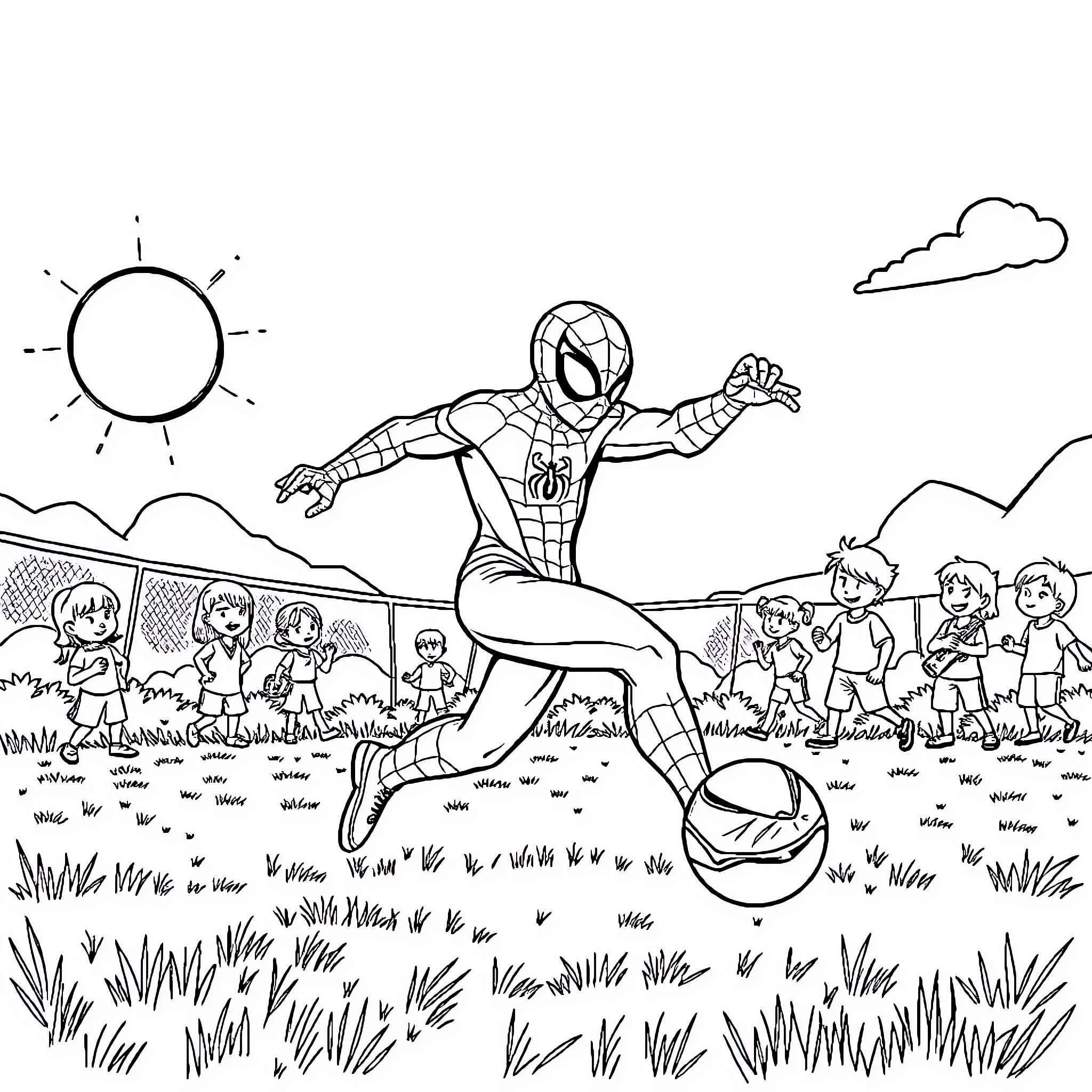 Spidey's Playful Heroics in the Park Coloring Page (free black-and-white line drawing printable PDF for all, from beginners to advanced learners, including children, teens, adults, and seniors)
