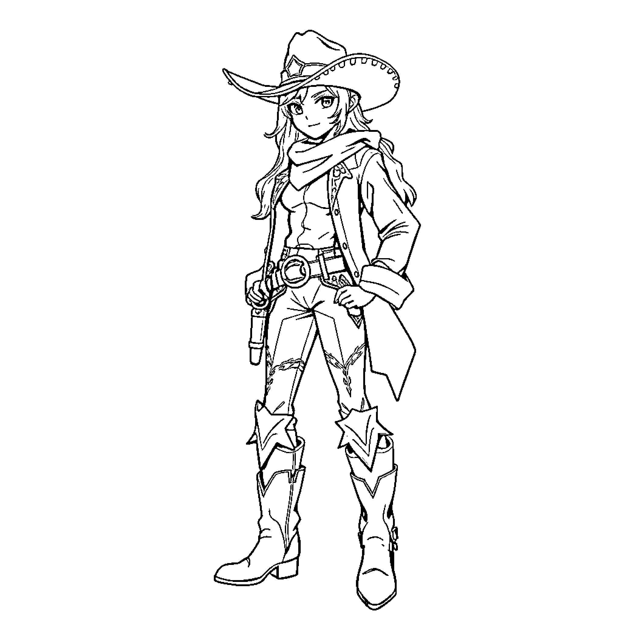 Sevika, the Adventurous Cowgirl Coloring Page (free black-and-white line drawing printable PDF for all, from beginners to advanced learners, including children, teens, adults, and seniors)