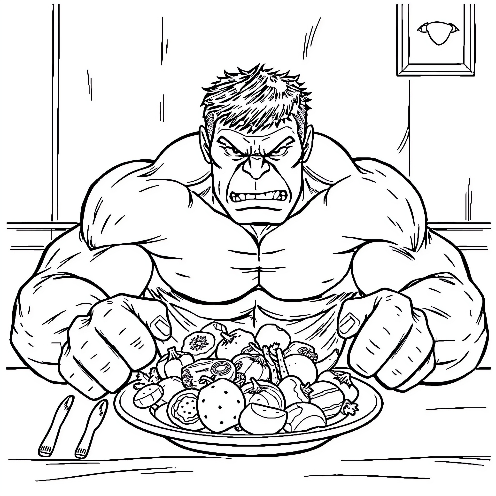 Hulk Preparing to Devour a Hearty Meal Coloring Page (free black-and-white line drawing printable PDF for all, from beginners to advanced learners, including children, teens, adults, and seniors)