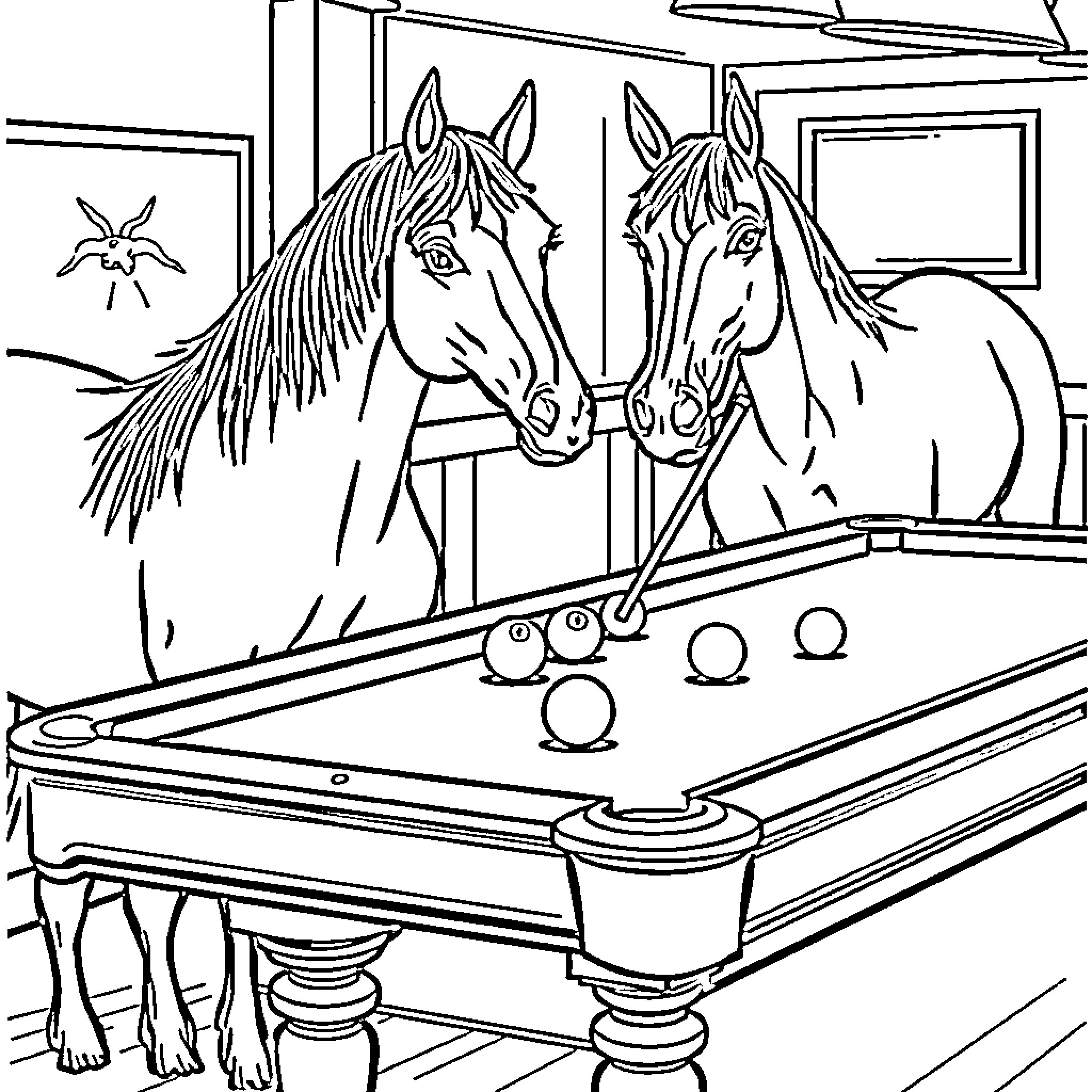 Horse companions in billiards room Coloring Page (free black-and-white line drawing printable PDF for all, from beginners to advanced learners, including children, teens, adults, and seniors)