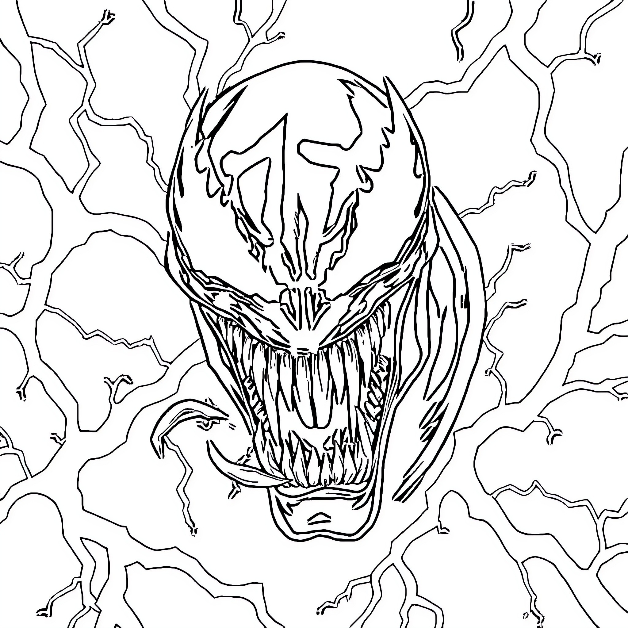 Venom's Fierce Visage amid Electrical Discharges Coloring Page (free black-and-white line drawing printable PDF for all, from beginners to advanced learners, including children, teens, adults, and seniors)