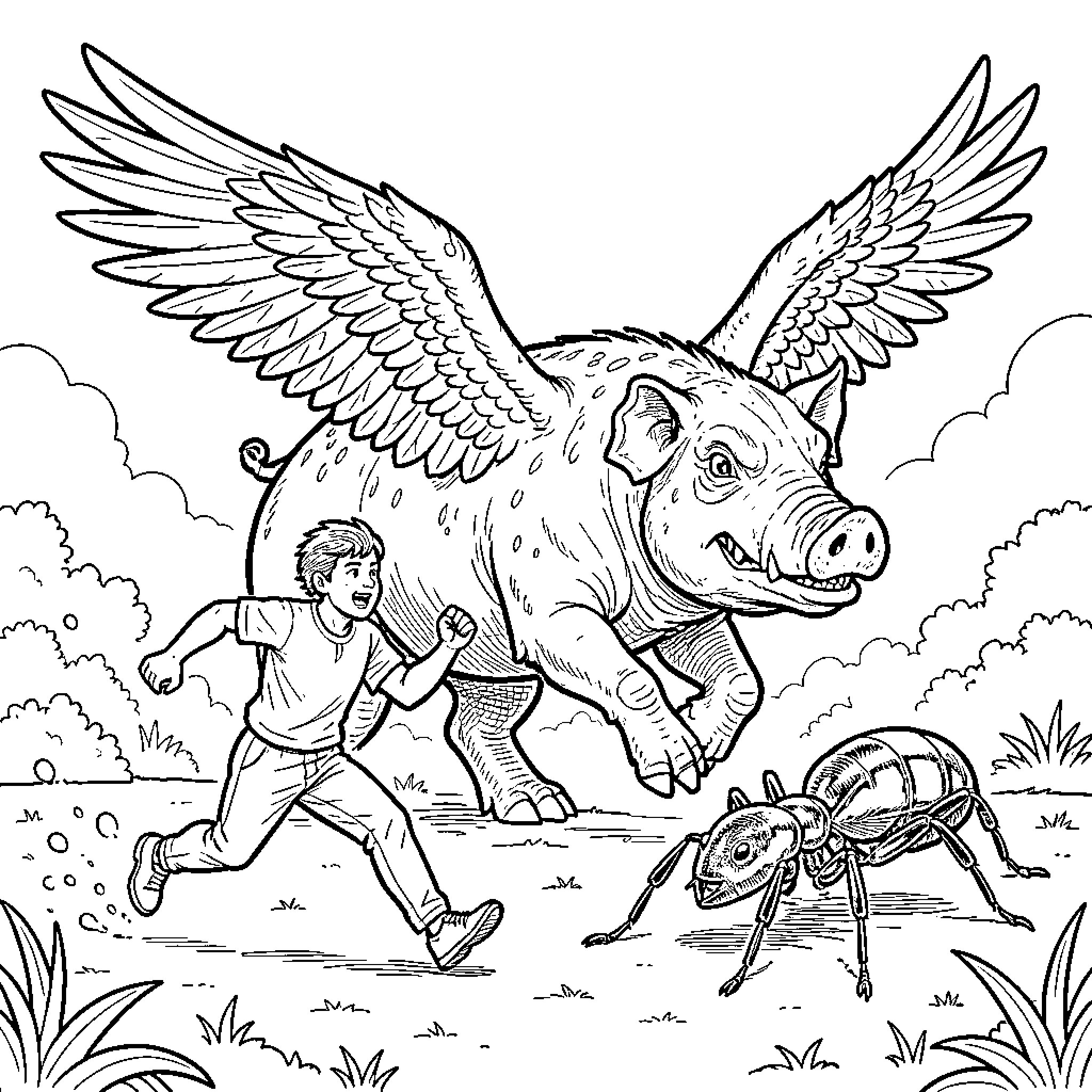 Pig Eagle Dinosaur running and exploring the nature Coloring Page (free black-and-white line drawing printable PDF for all, from beginners to advanced learners, including children, teens, adults, and seniors)