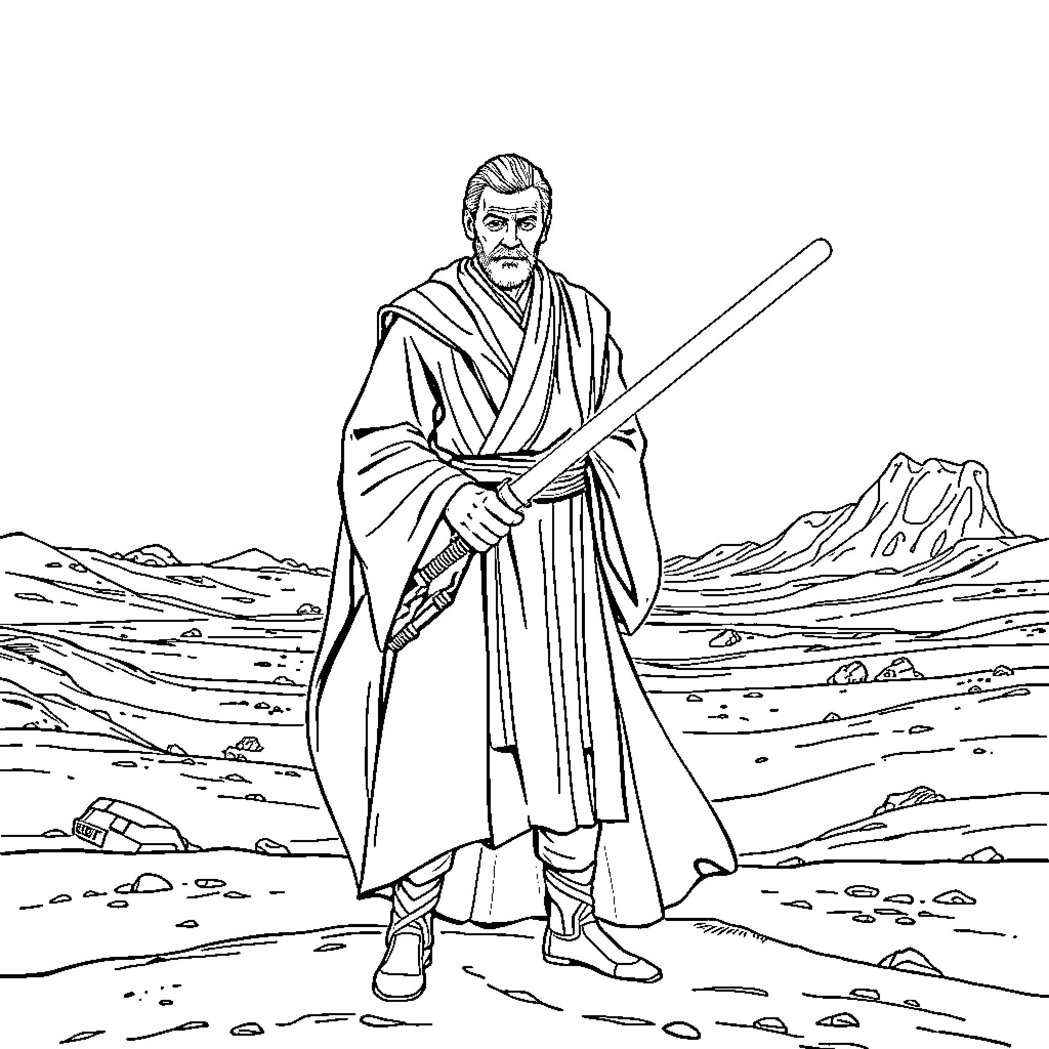 Obi-Wan Kenobi stands resolute in the desert landscape Coloring Page (free black-and-white line drawing printable PDF for all, from beginners to advanced learners, including children, teens, adults, and seniors)
