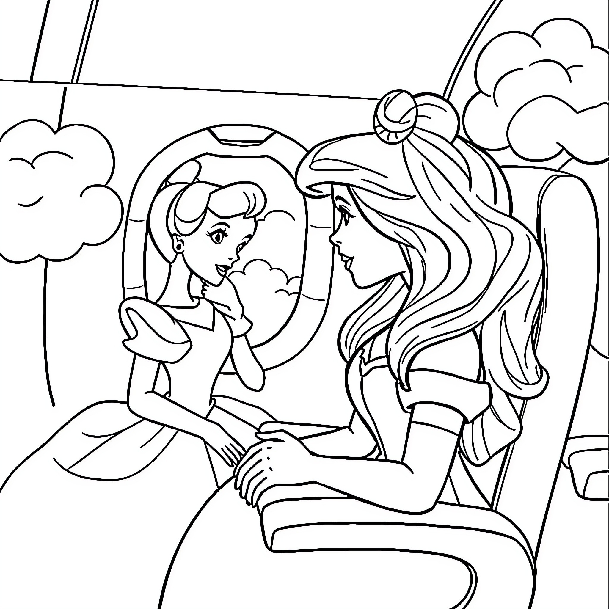 Cinderella's Magical Transformation in the Castle Coloring Page (free black-and-white line drawing printable PDF for all, from beginners to advanced learners, including children, teens, adults, and seniors)