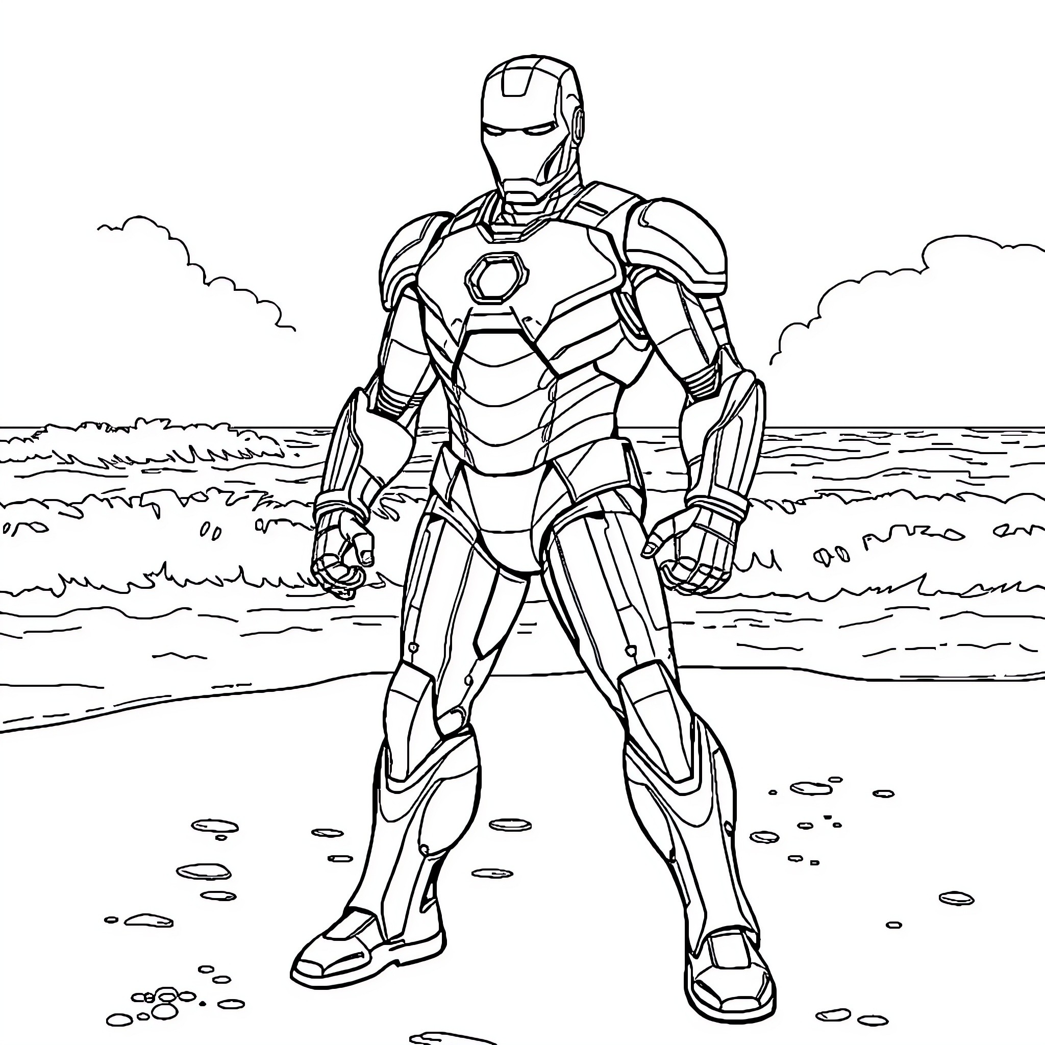Iron Man standing heroically on the beach Coloring Page (free black-and-white line drawing printable PDF for all, from beginners to advanced learners, including children, teens, adults, and seniors)