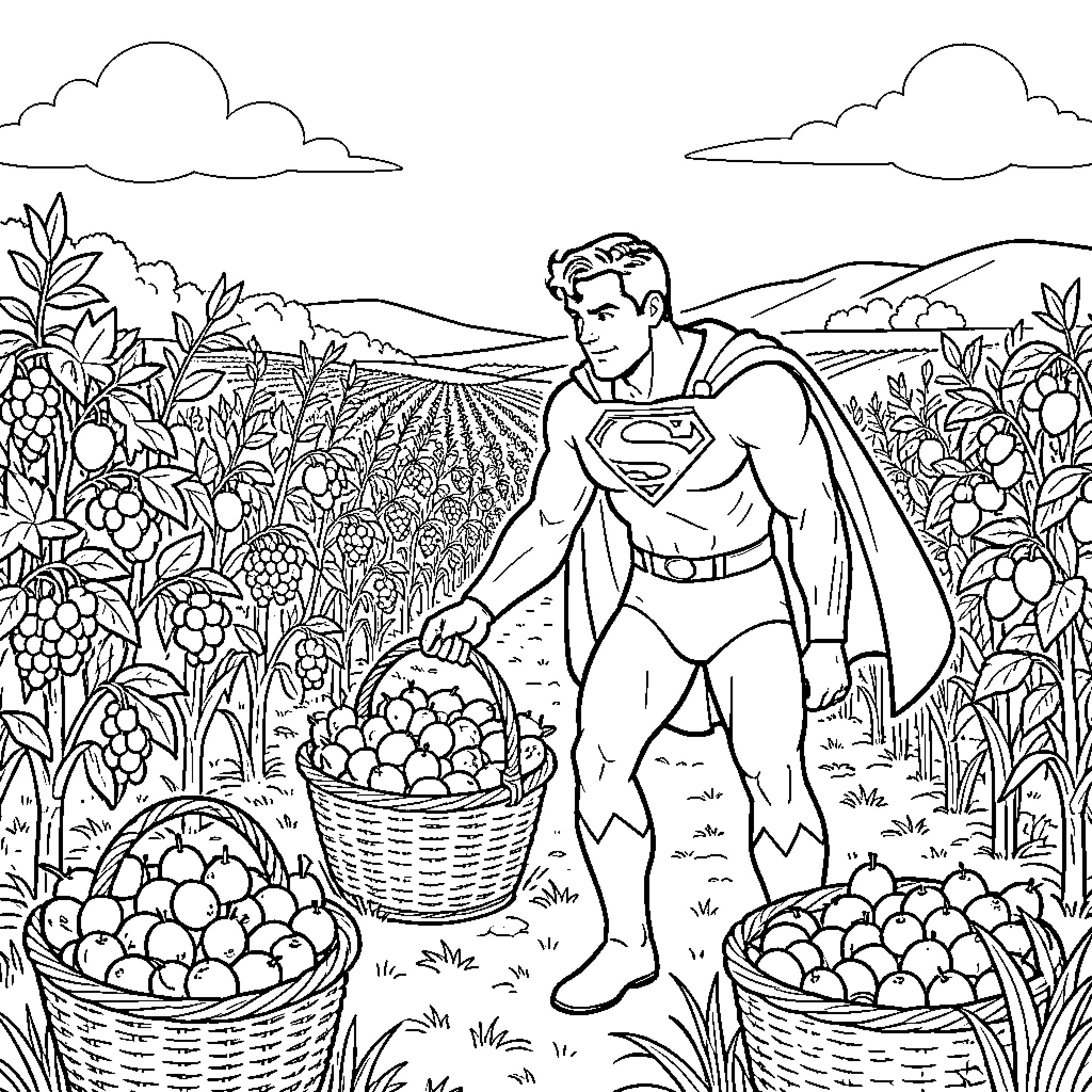 Superman carrying baskets of harvested fruit in a field Coloring Page (free black-and-white line drawing printable PDF for all, from beginners to advanced learners, including children, teens, adults, and seniors)