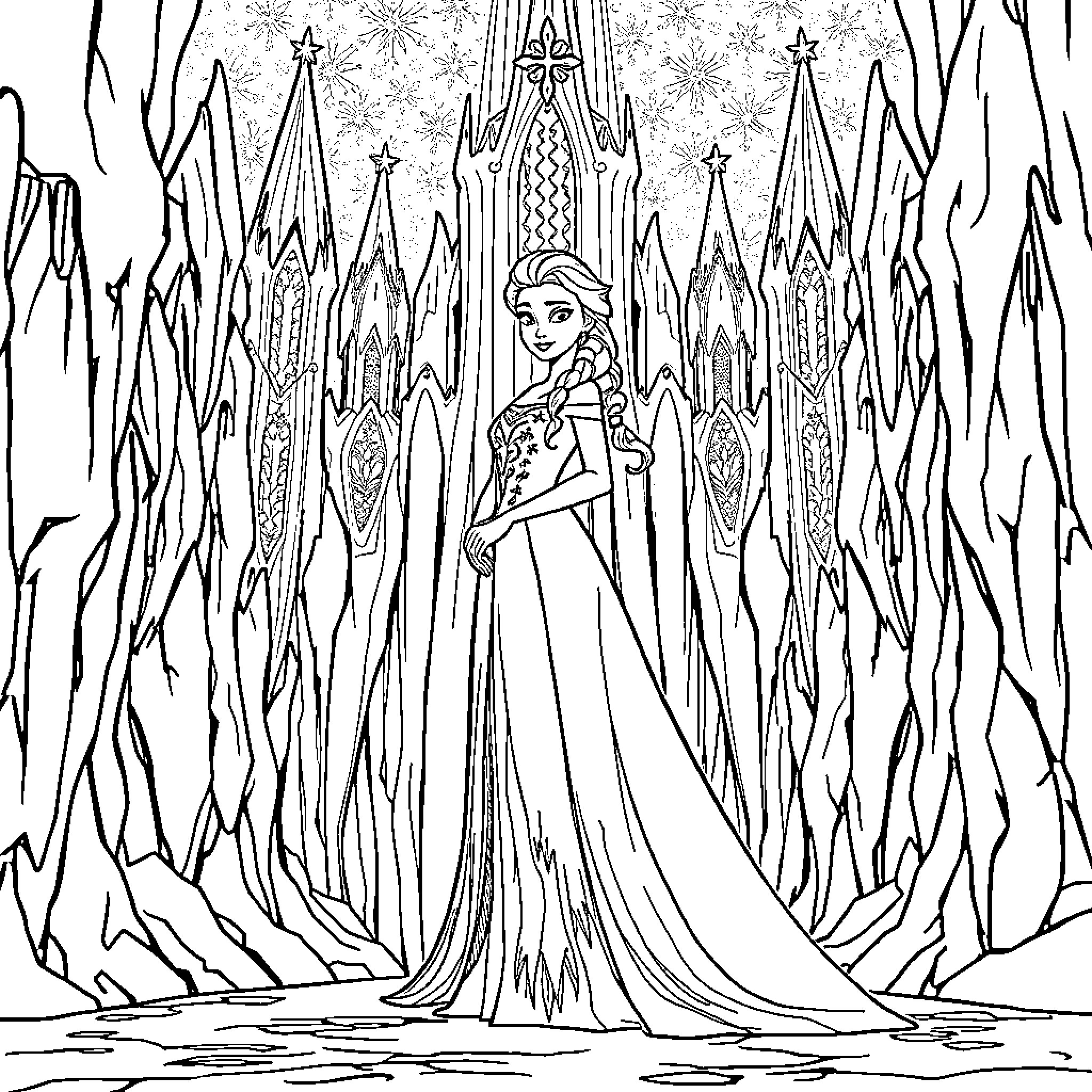 Queen Elsa amid a magical winter landscape Coloring Page (free black-and-white line drawing printable PDF for all, from beginners to advanced learners, including children, teens, adults, and seniors)